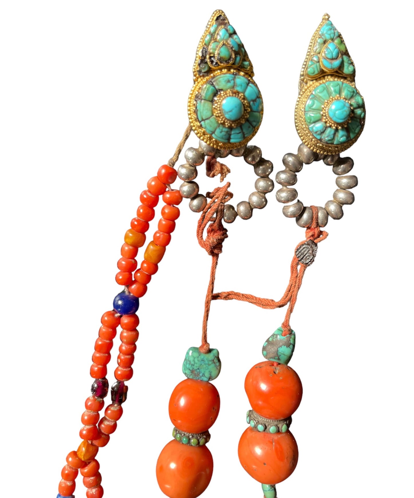 Pair of antique turquoise and silver Tibetan earrings -Ah long