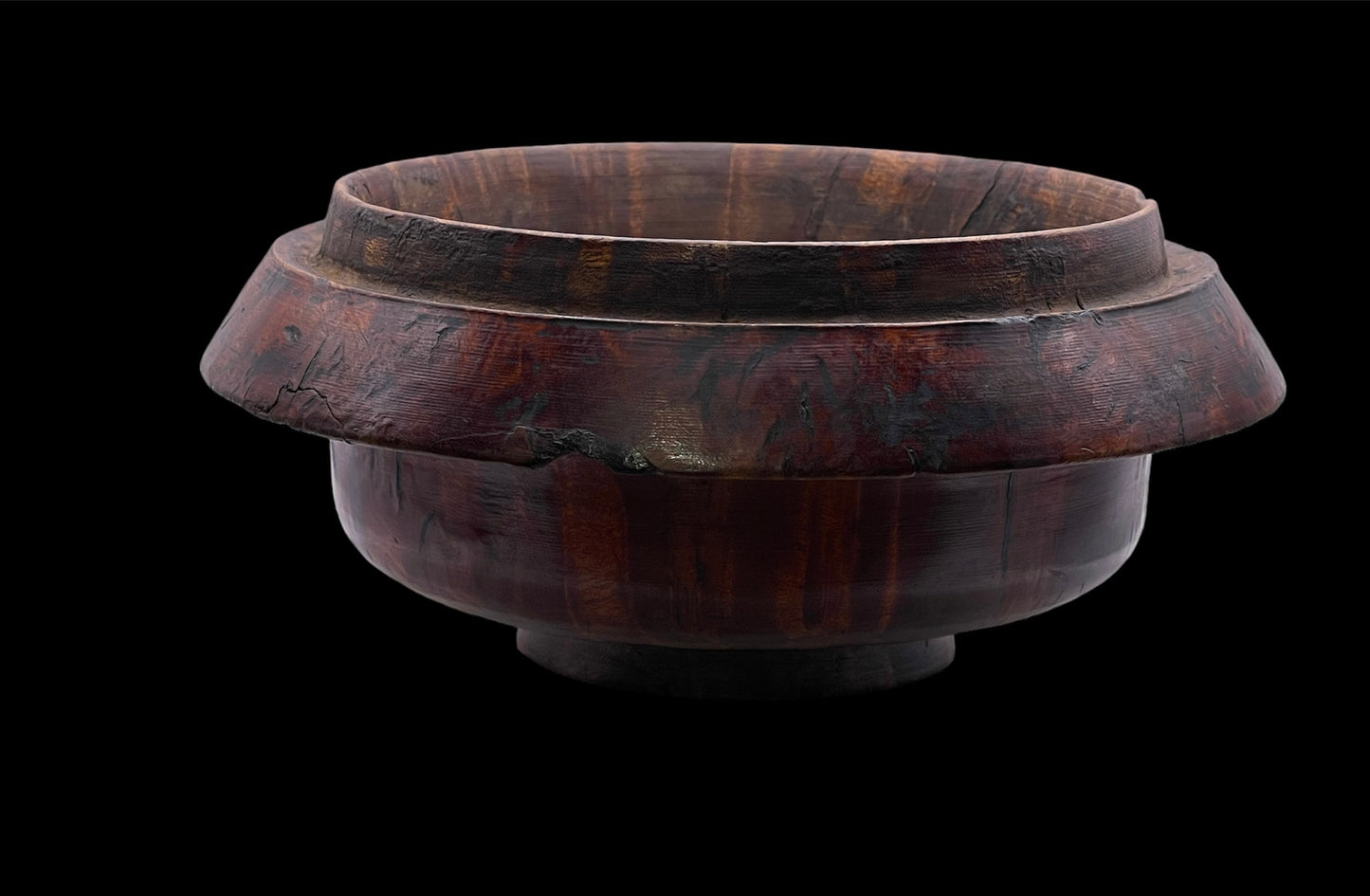 An antique burlwood tsampa container with lid