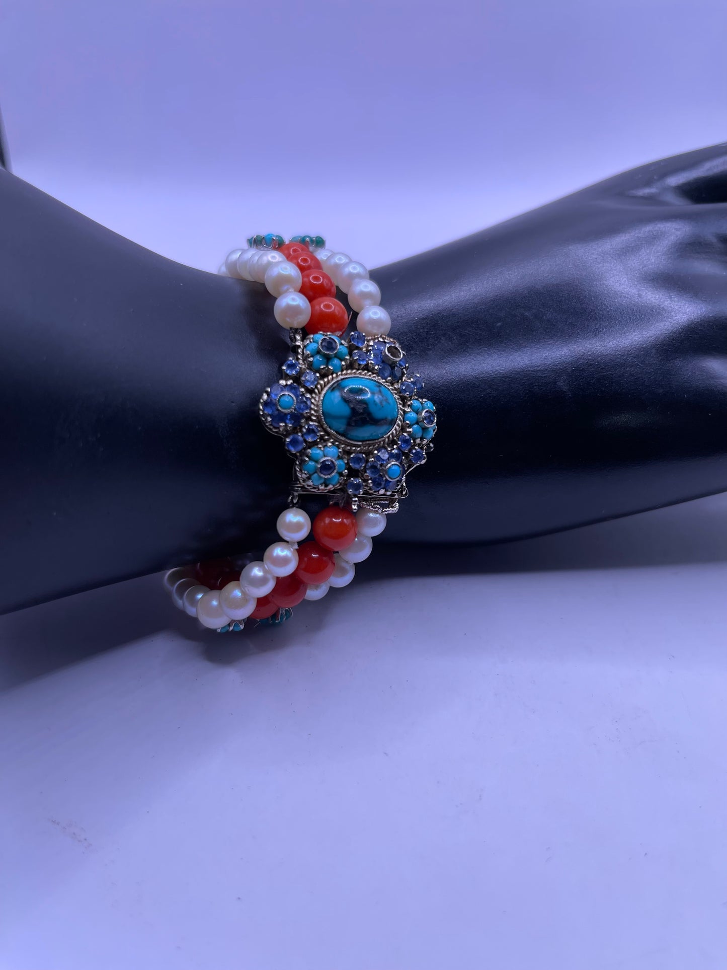 18kt gold, turquoise and sapphire, coral and pearl bracelet