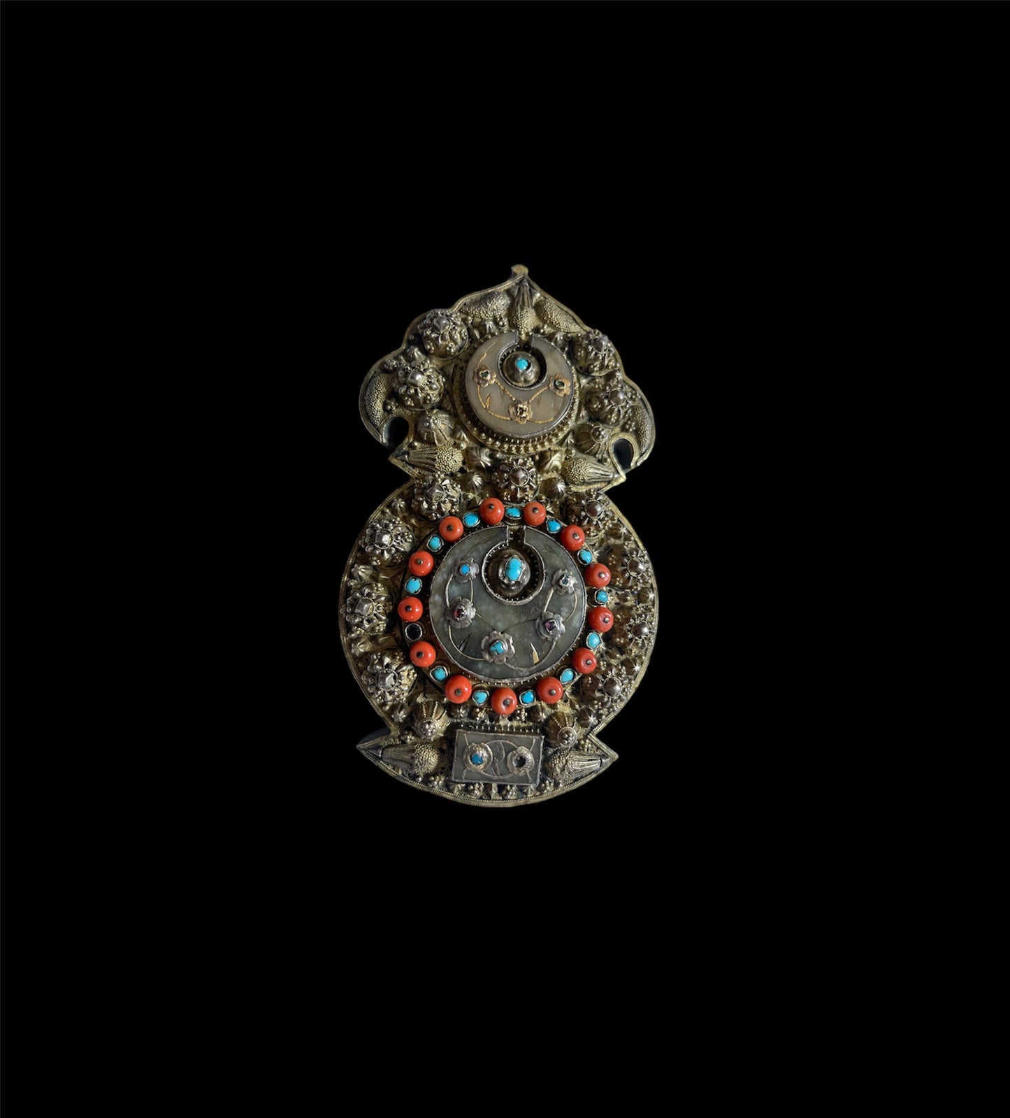 Antique Ottoman silver and gilded silver with coral belt buckle
