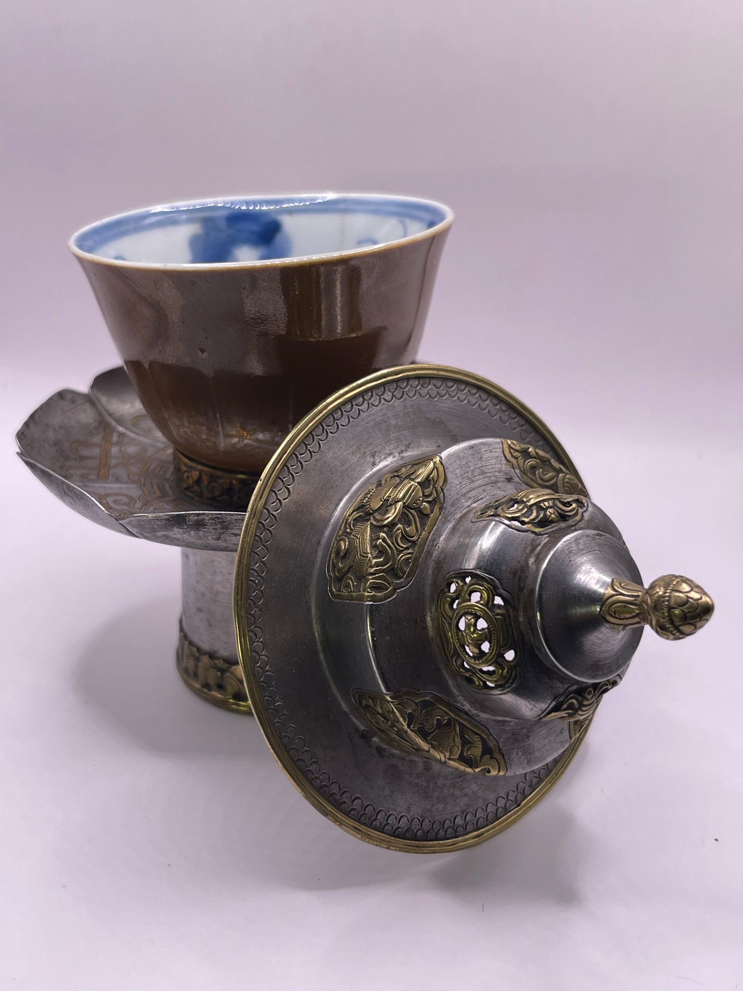 Antique silver Tibetan cup stand with cup