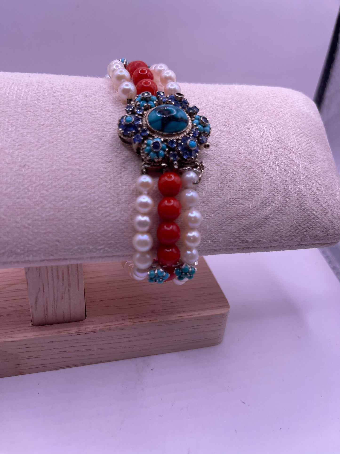 18kt gold, turquoise and sapphire, coral and pearl bracelet