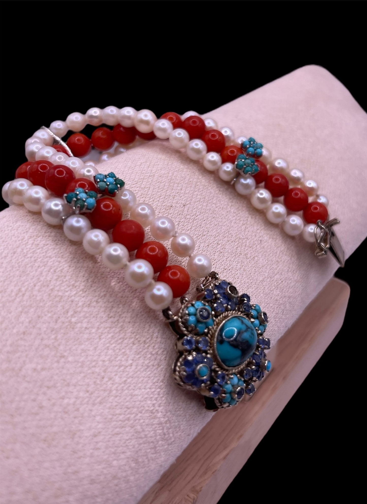 18kt gold, turquoise and sapphire, coral and pearl bracelet