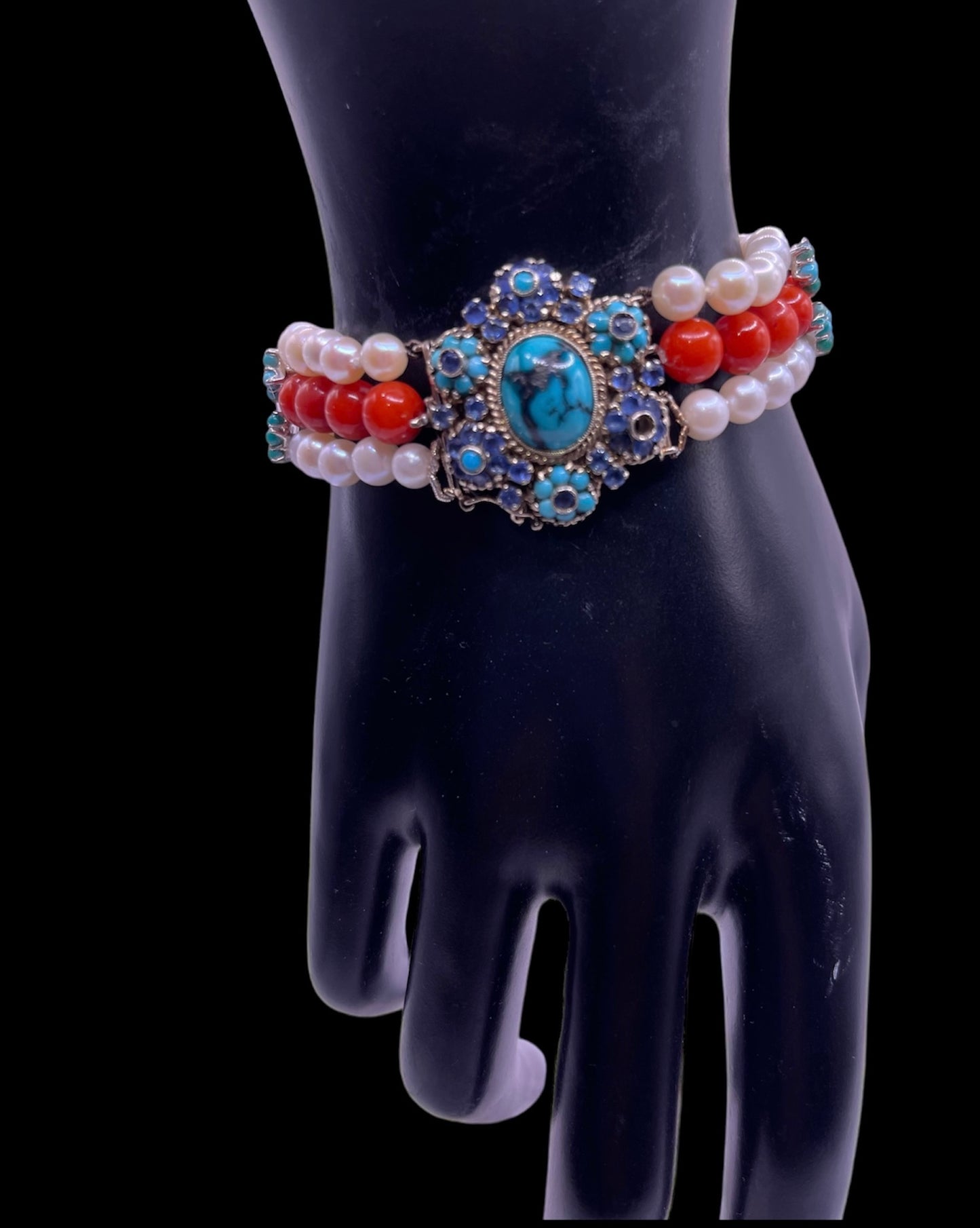 18kt gold, turquoise and sapphire, coral and pearl bracelet