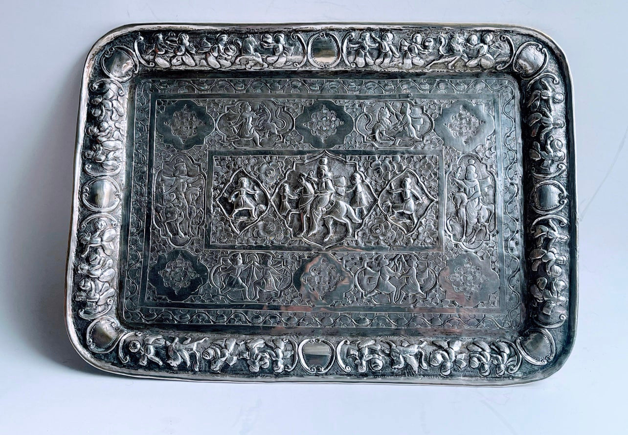 Antique Indian Silver Tray With Relief Figural Design