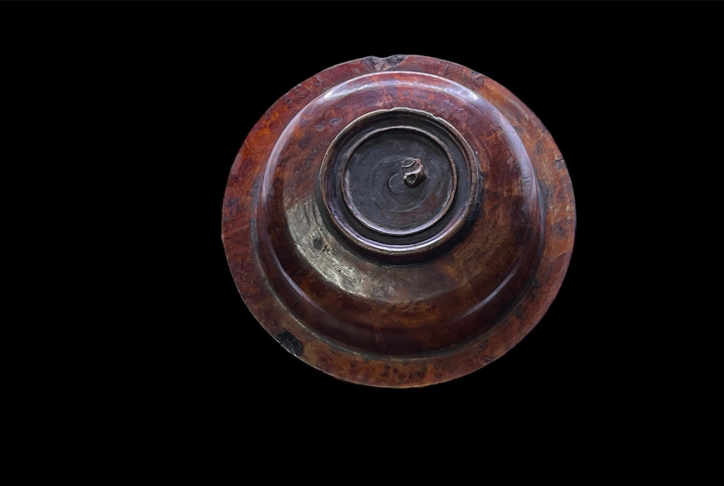 An antique burlwood tsampa container with lid