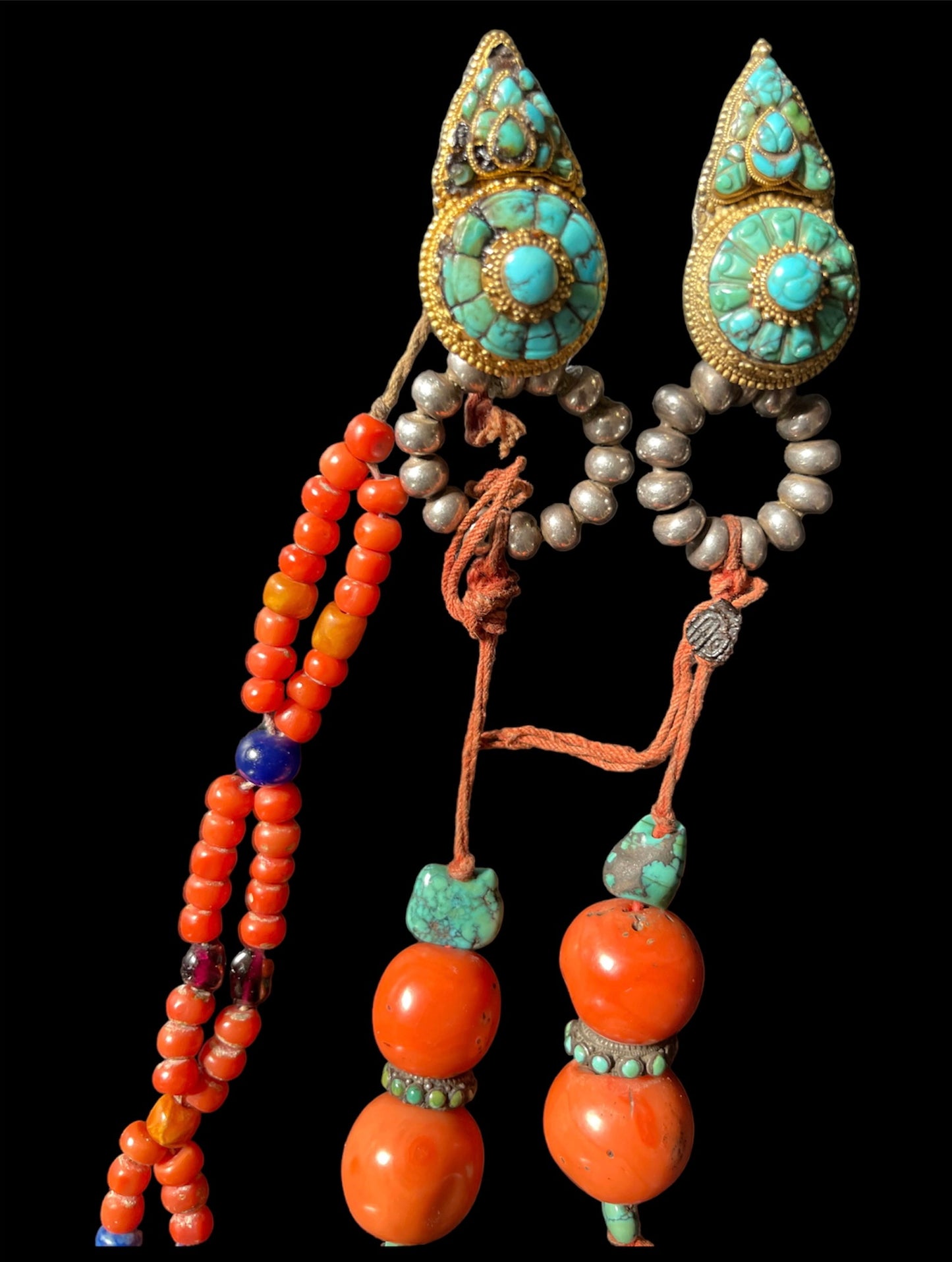 Pair of antique turquoise and silver Tibetan earrings -Ah long