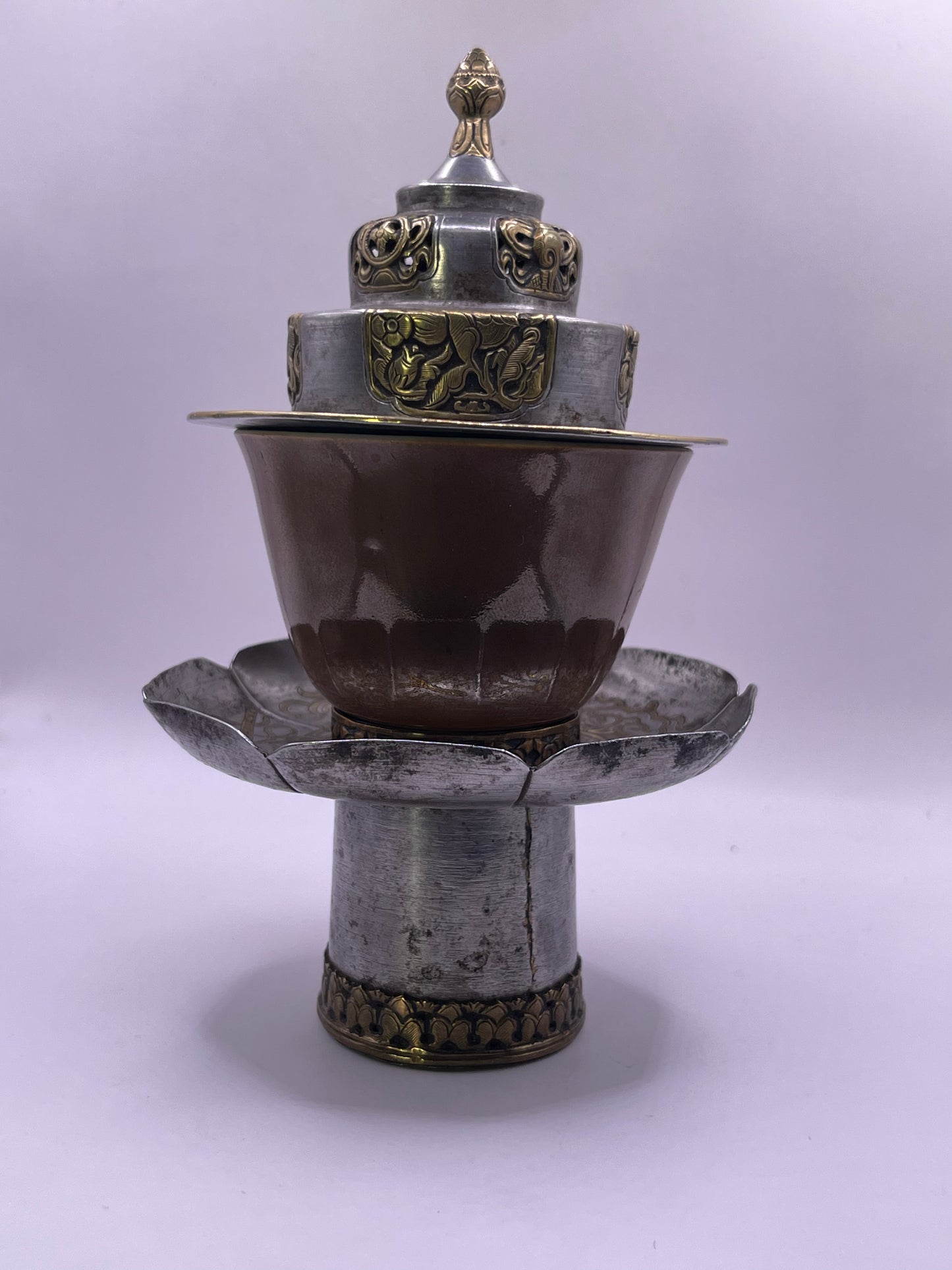 Antique silver Tibetan cup stand with cup
