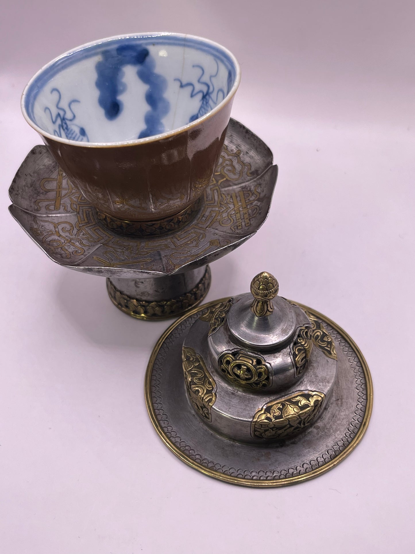 Antique silver Tibetan cup stand with cup