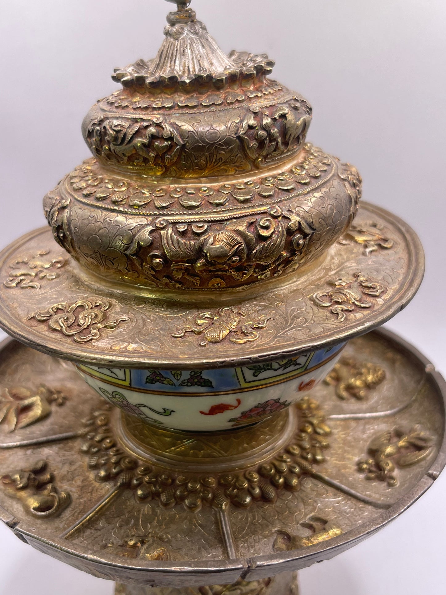 Vintage silver and gilded silver Tibetan cup stand