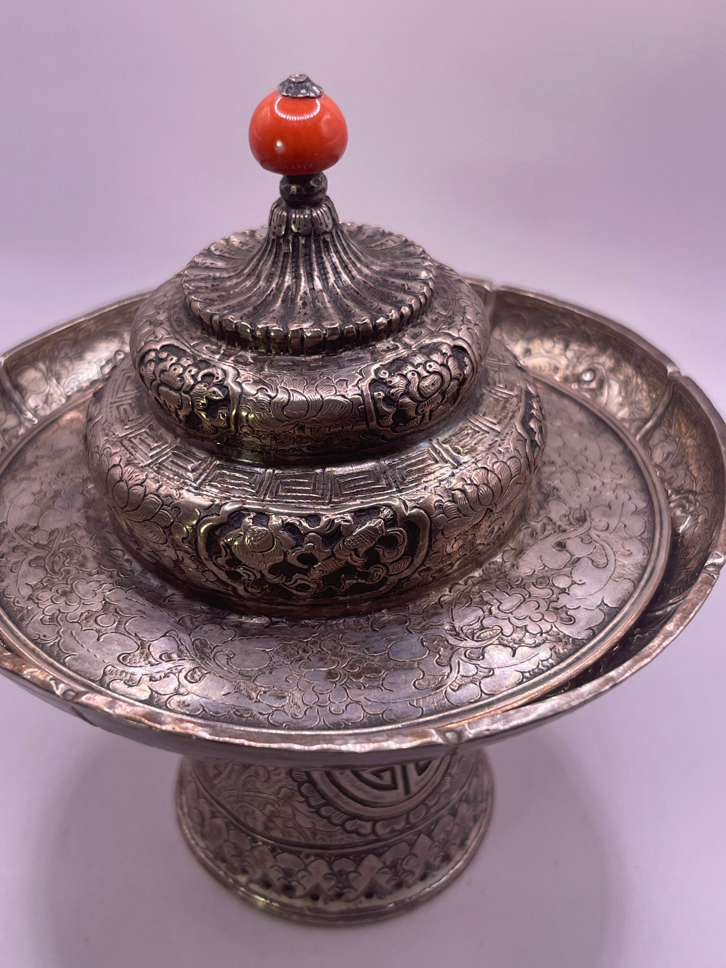 Antique silver Tibetan cup stand