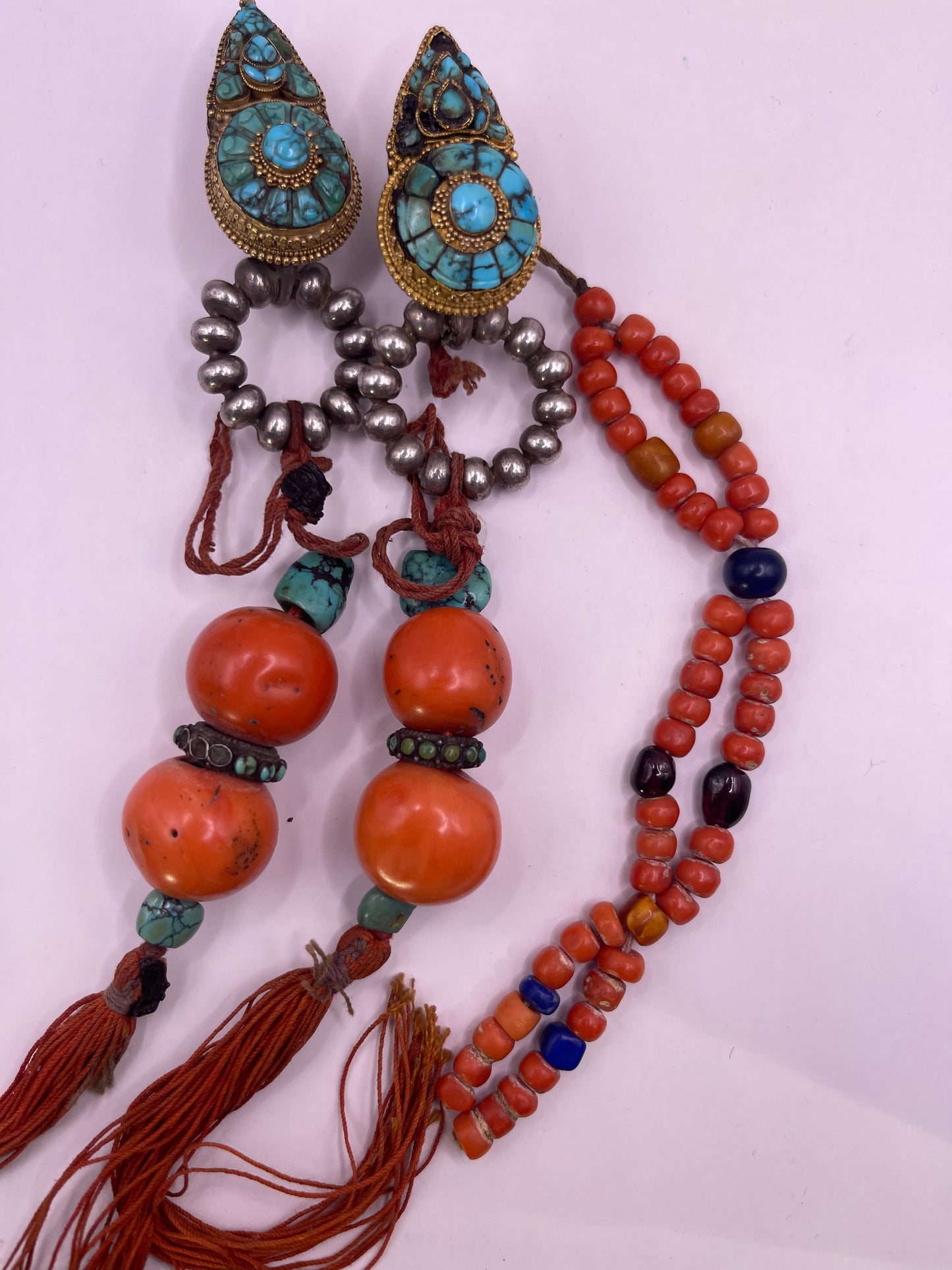Pair of antique turquoise and silver Tibetan earrings -Ah long