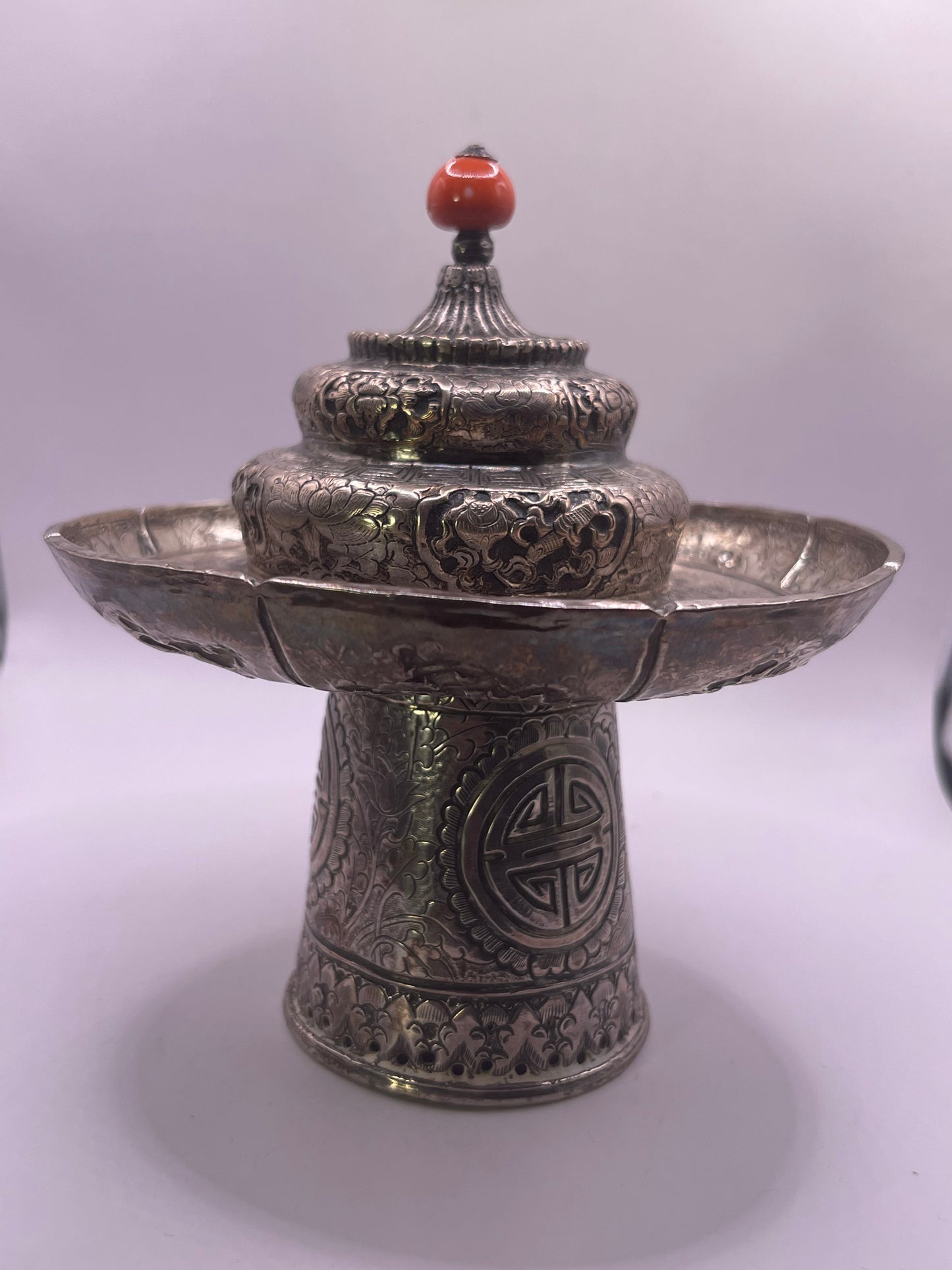 Antique silver Tibetan cup stand