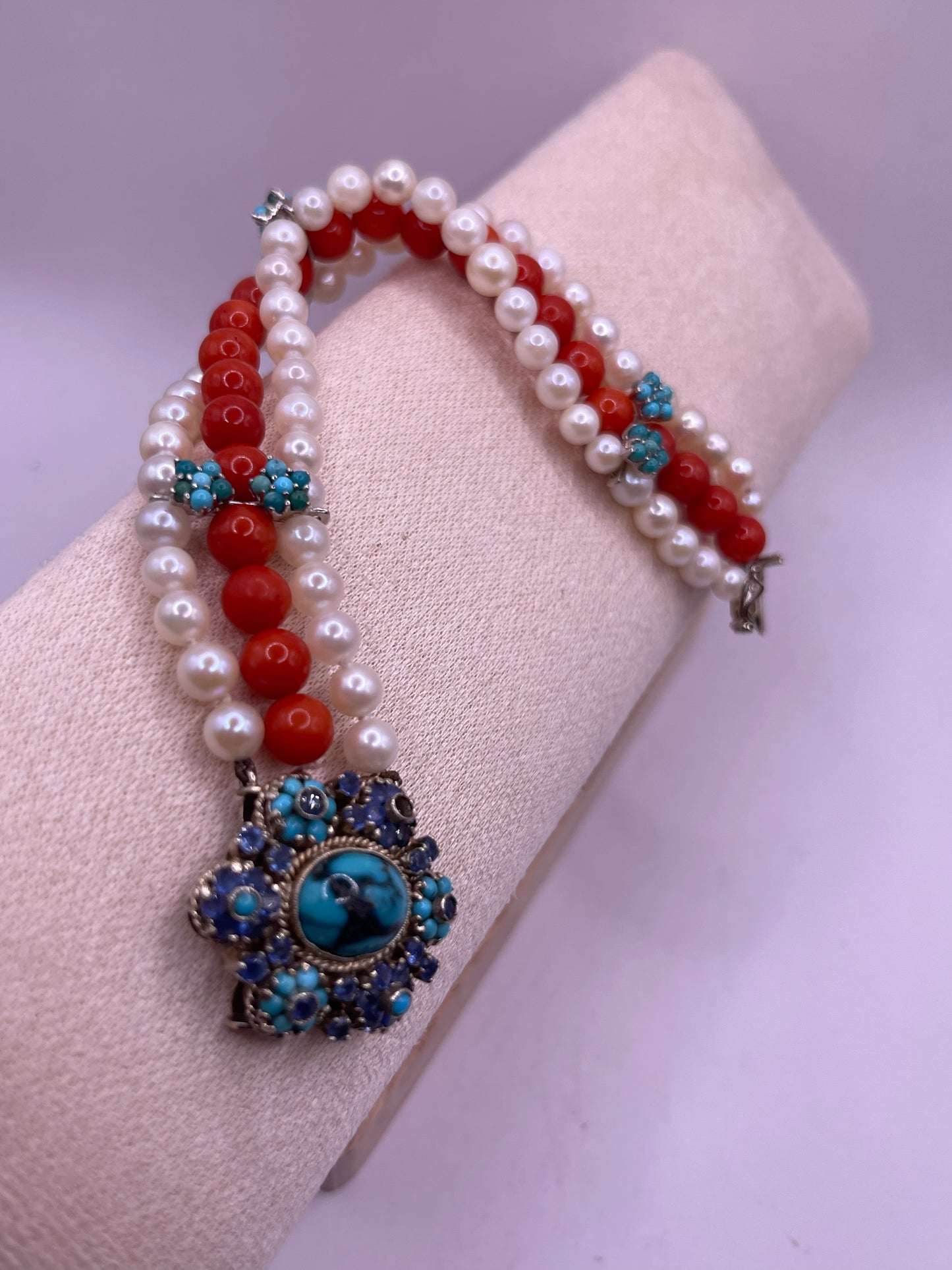 18kt gold, turquoise and sapphire, coral and pearl bracelet