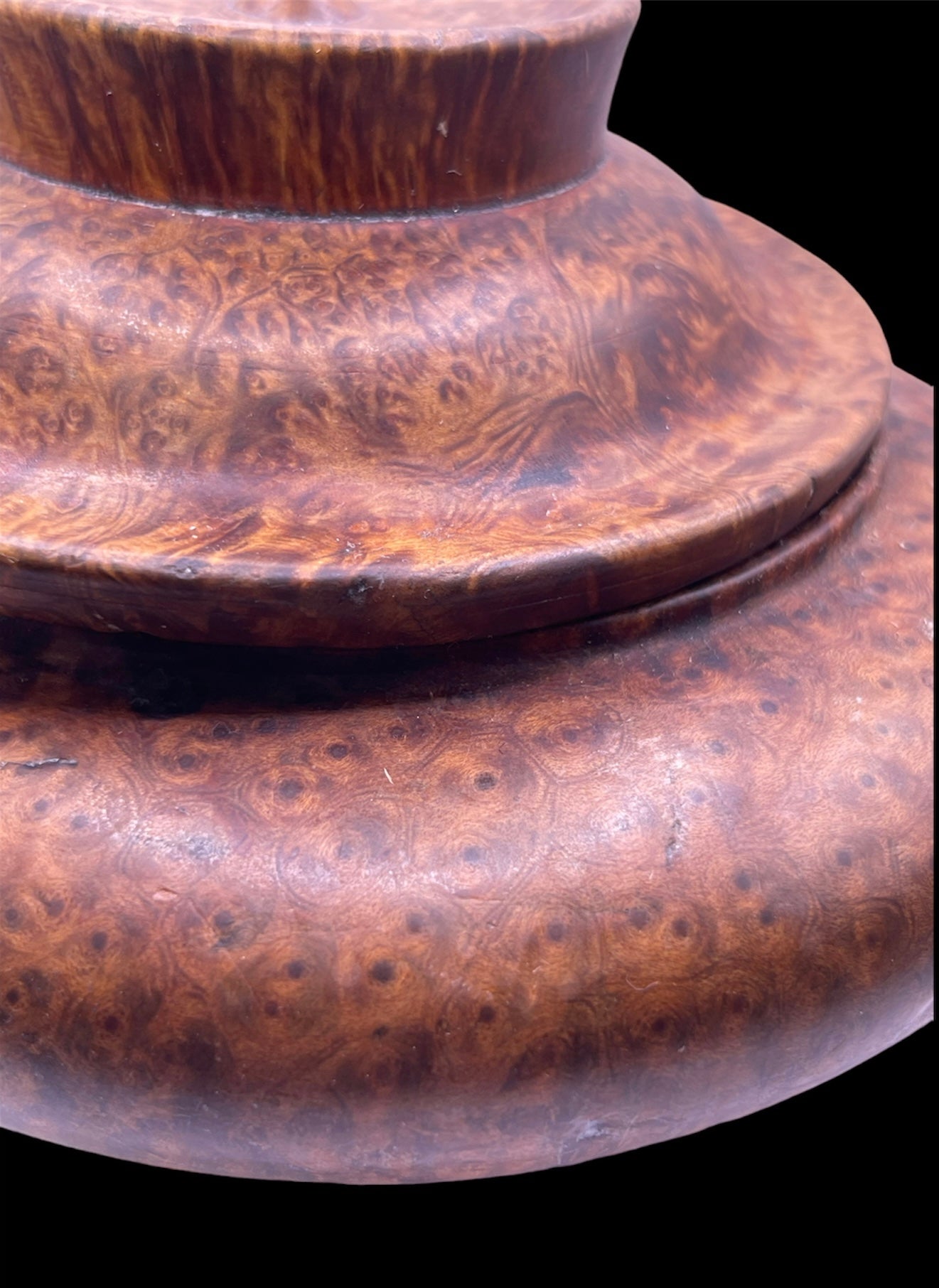 An antique burlwood tsampa container with lid