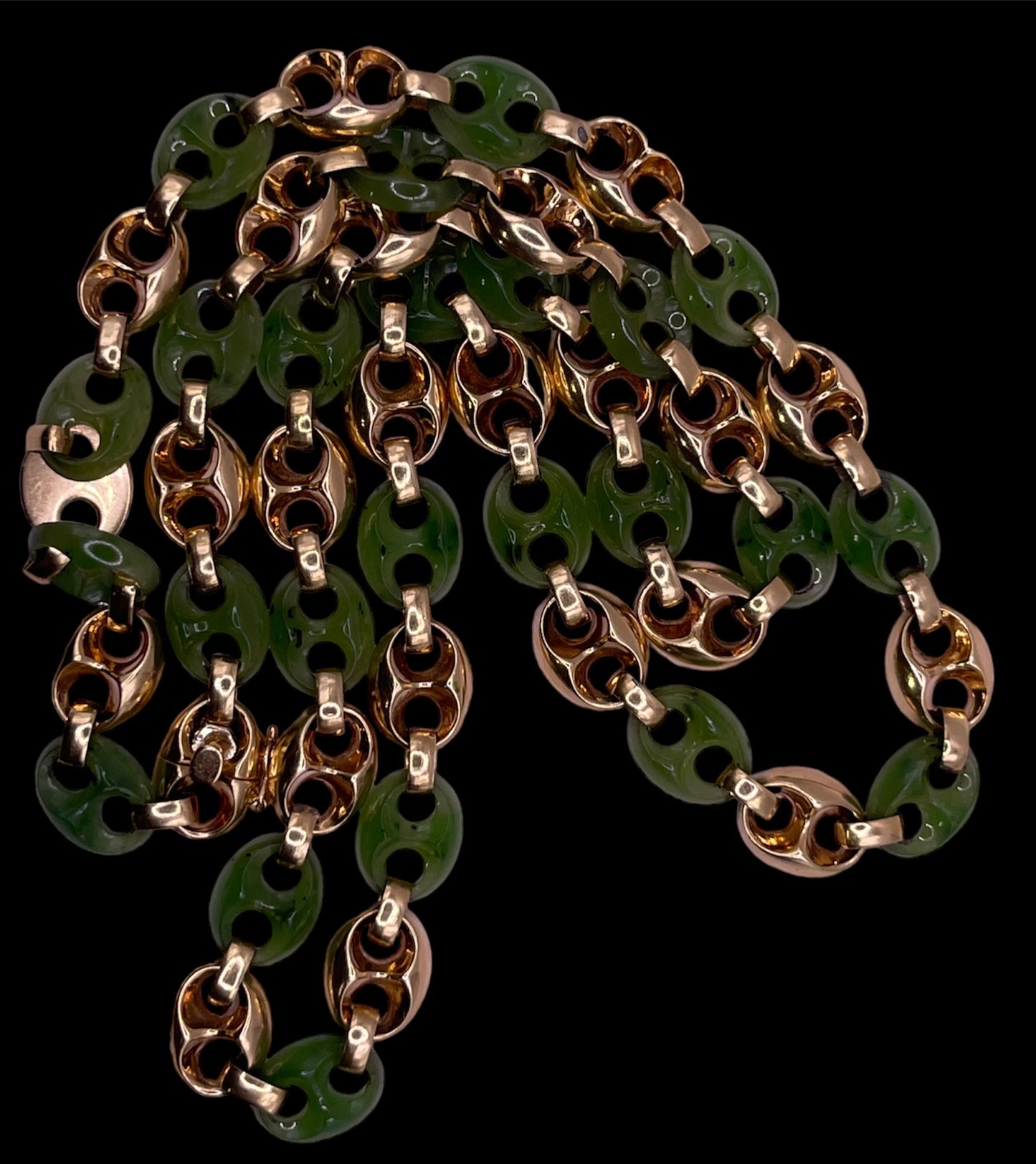 A vintage jade nephrite and 14kt gold link necklace
