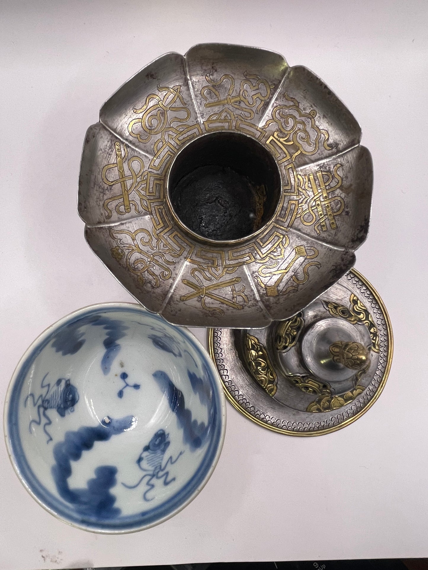 Antique silver Tibetan cup stand with cup