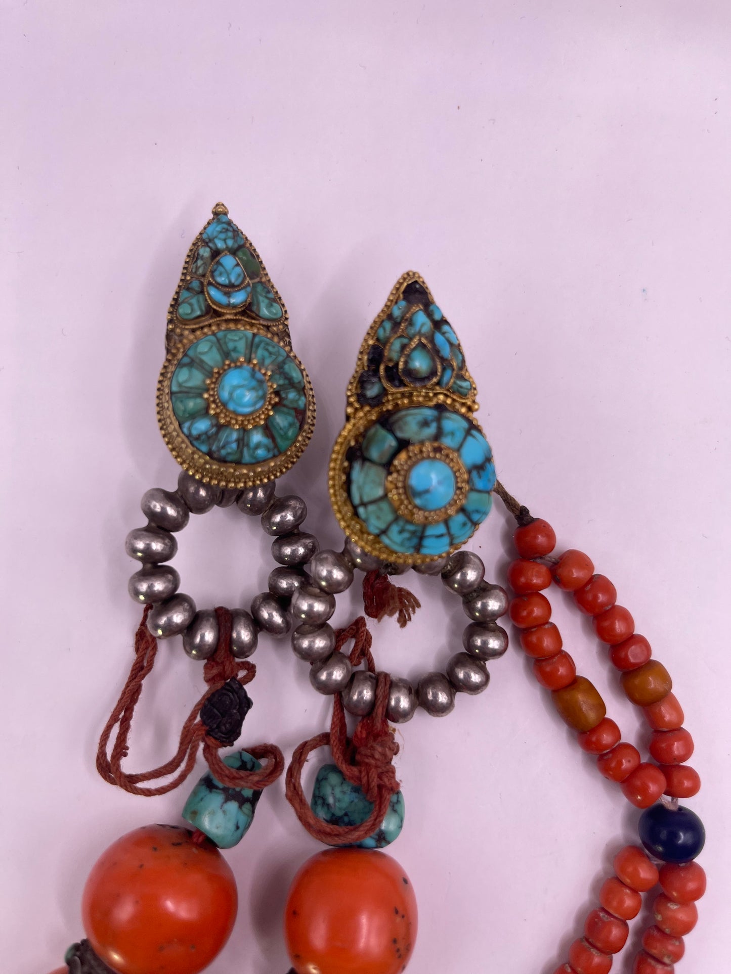 Pair of antique turquoise and silver Tibetan earrings -Ah long