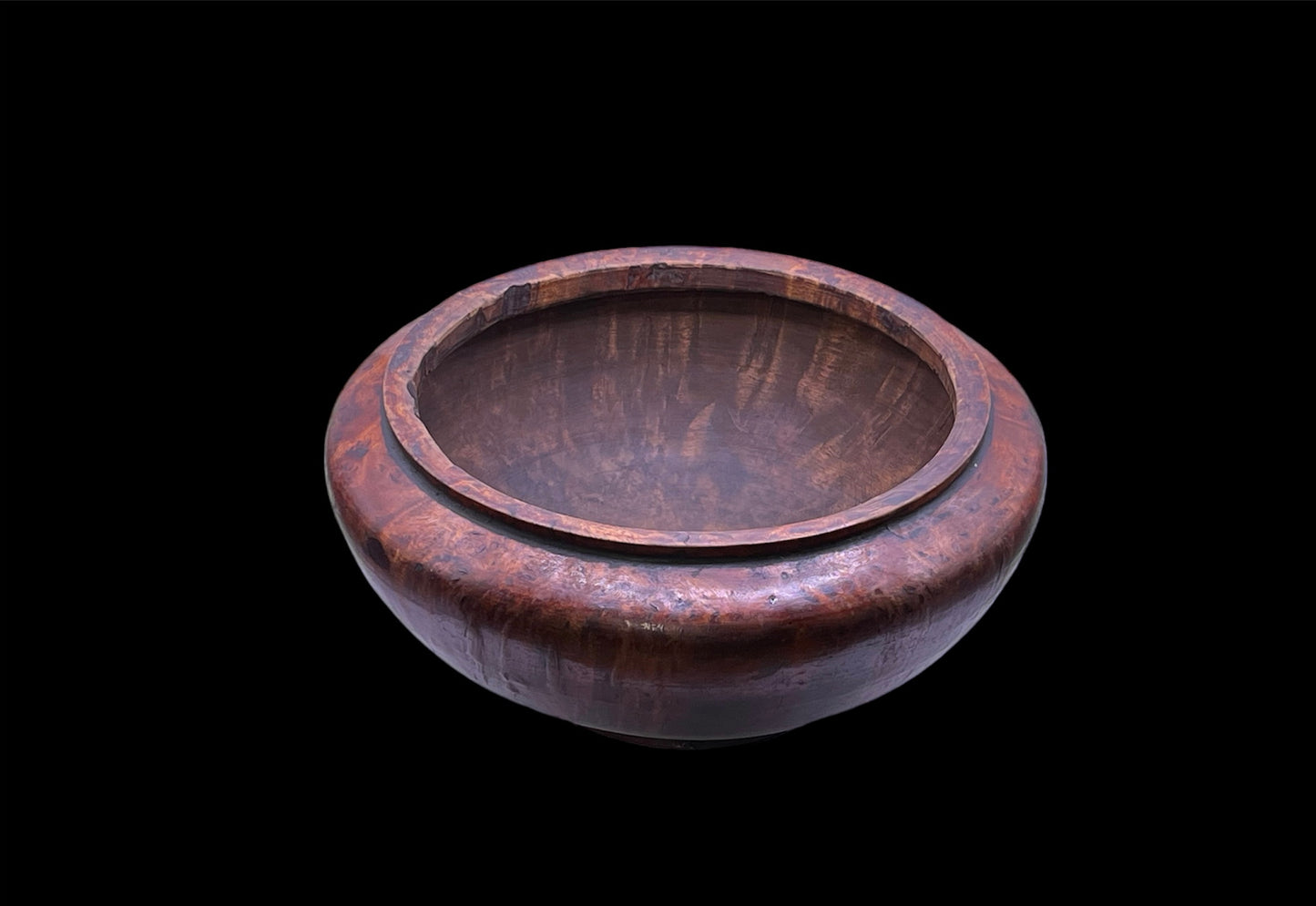 An antique burlwood tsampa container with lid