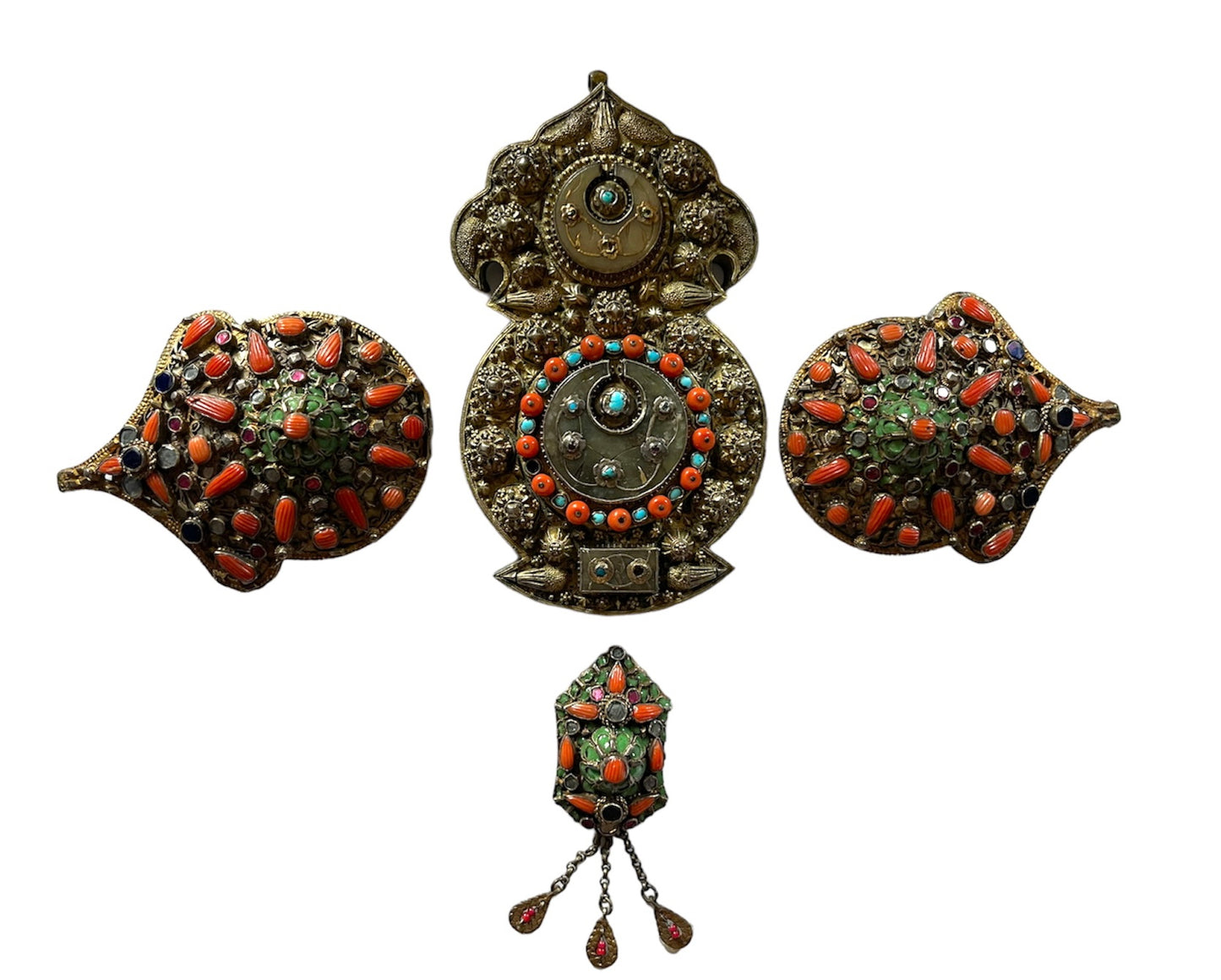 Antique Ottoman silver and gilded silver with coral belt buckle