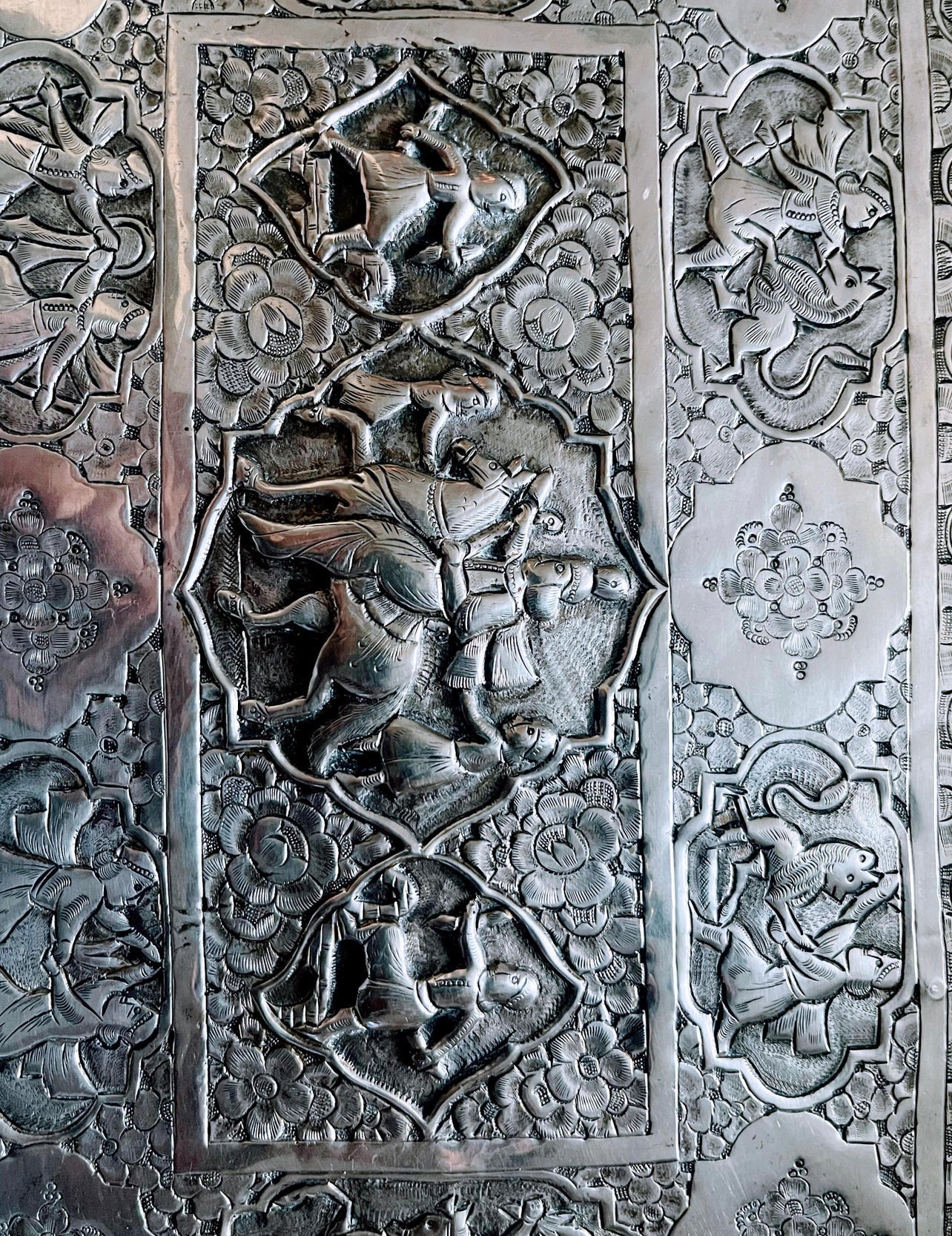 Antique Indian Silver Tray With Relief Figural Design