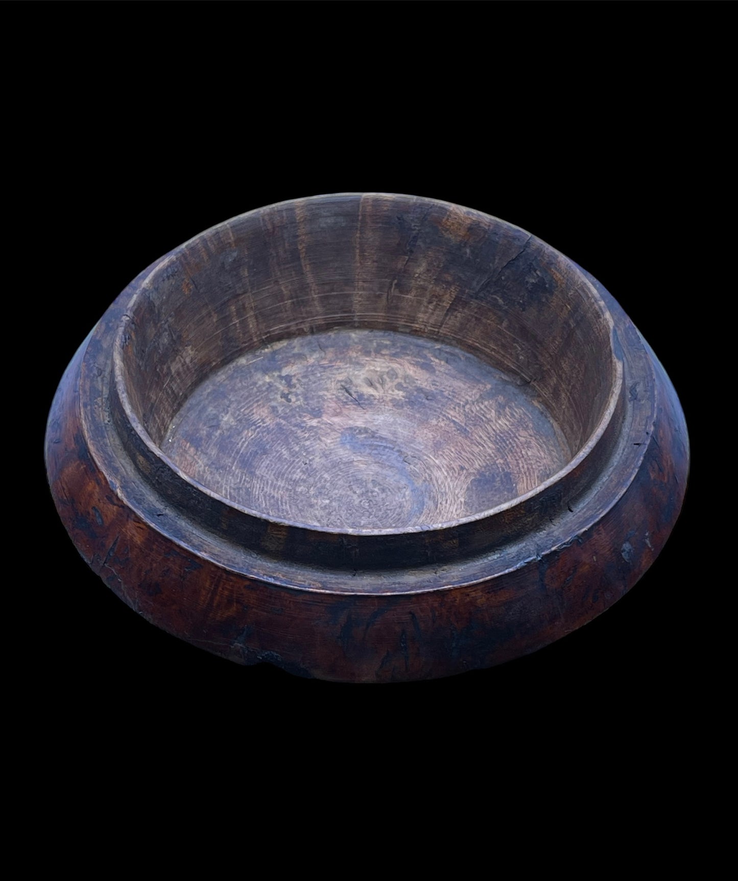 An antique burlwood tsampa container with lid