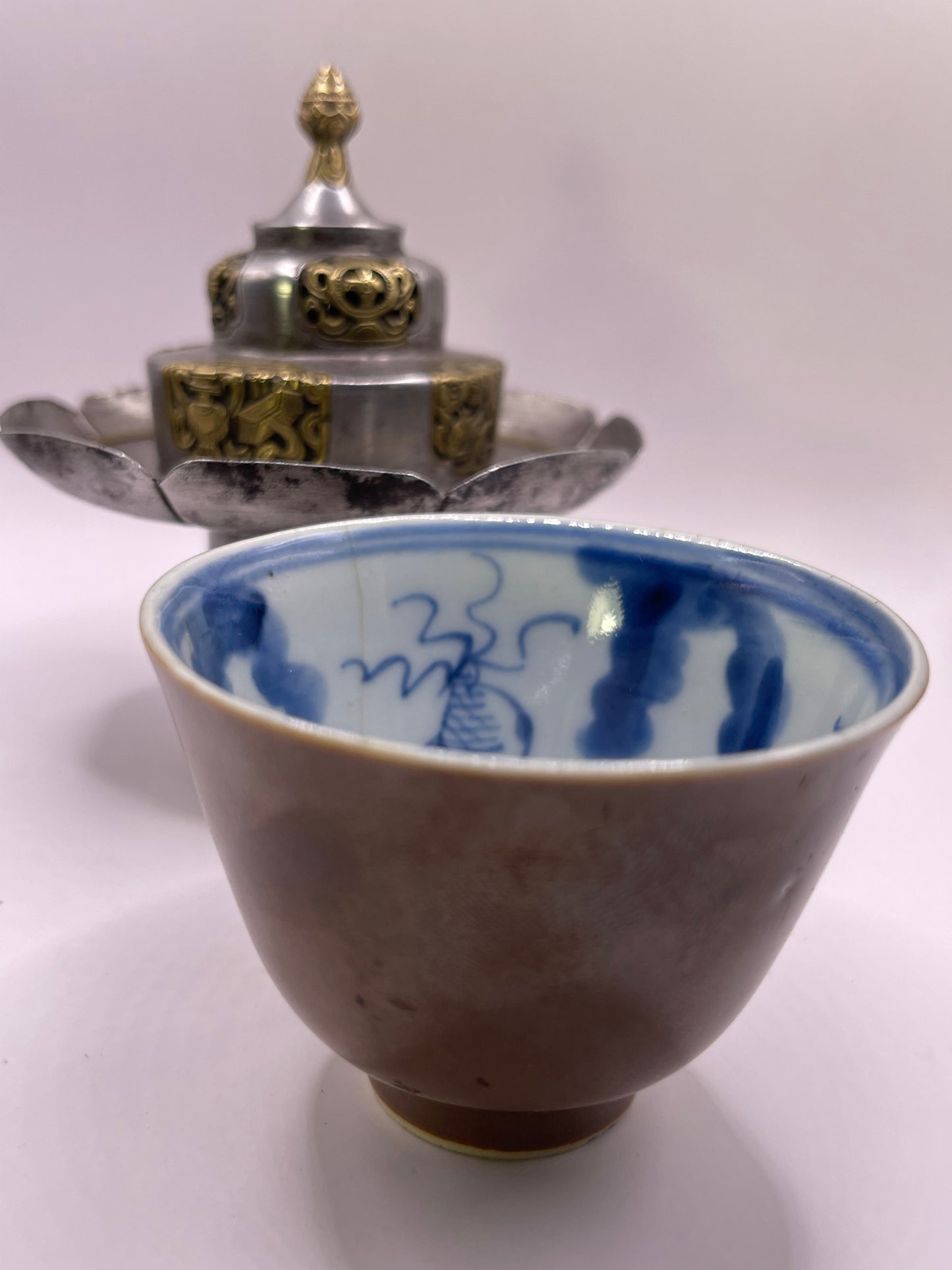 Antique silver Tibetan cup stand with cup