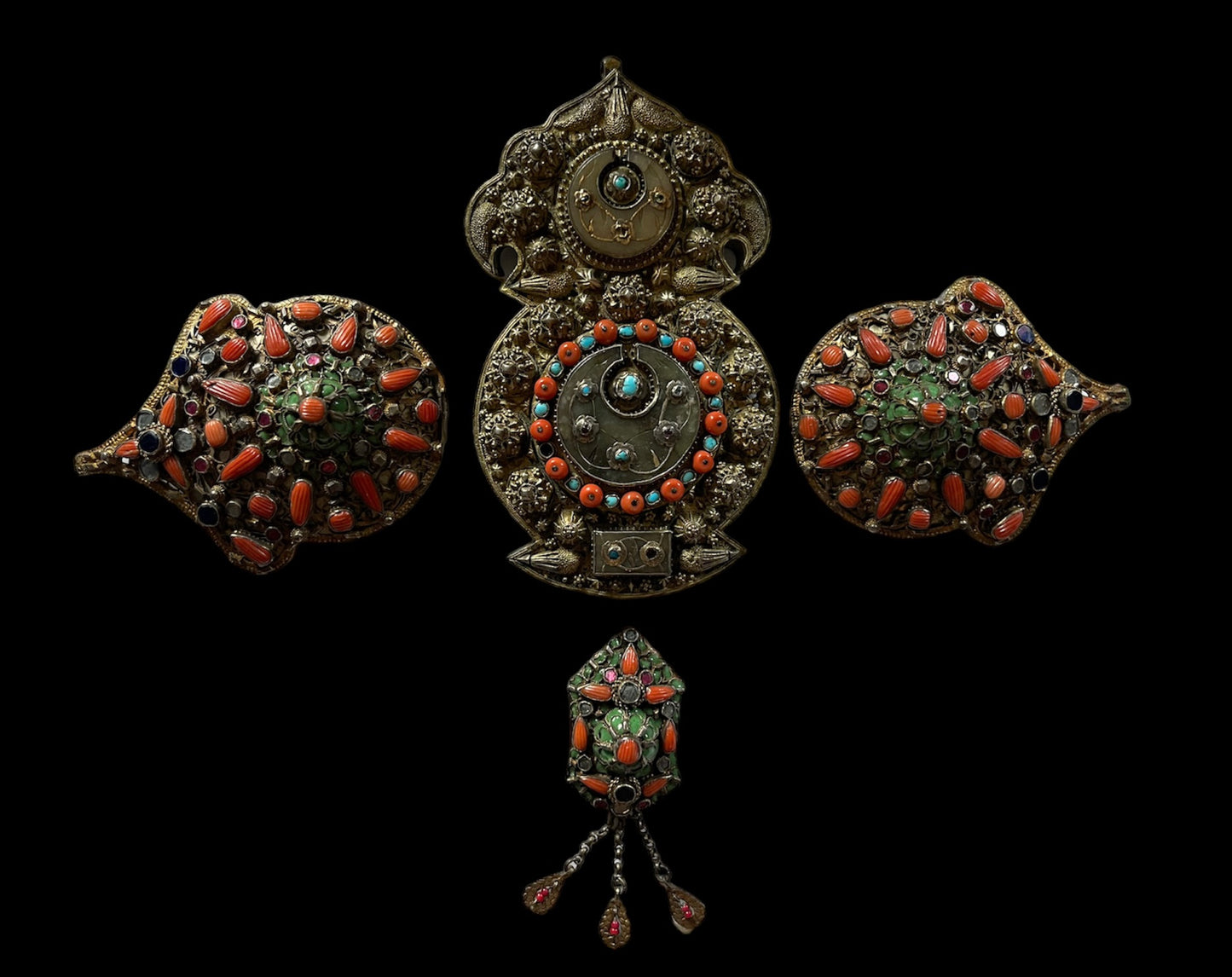 Antique Ottoman silver and gilded silver with coral belt buckle