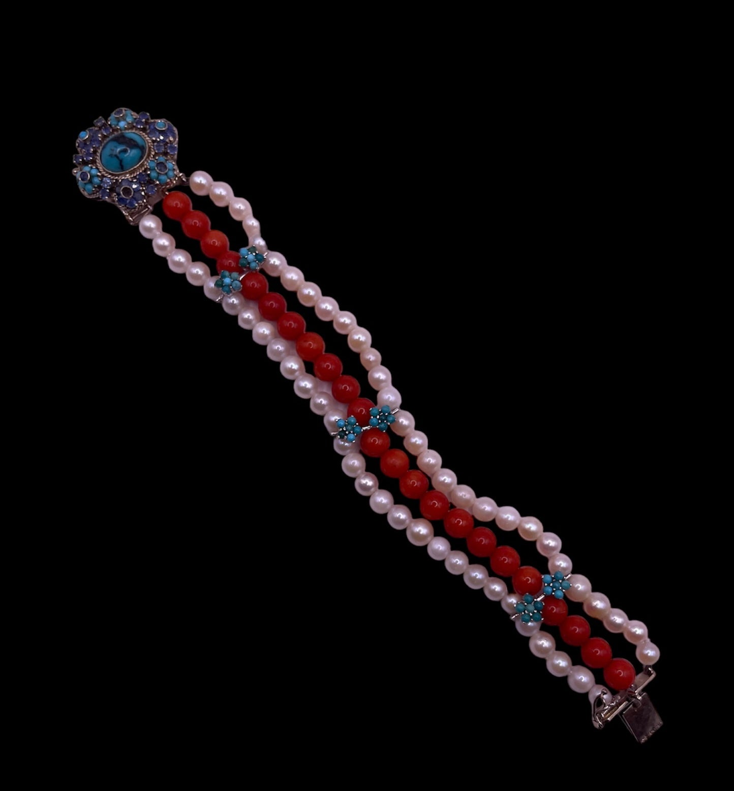 18kt gold, turquoise and sapphire, coral and pearl bracelet