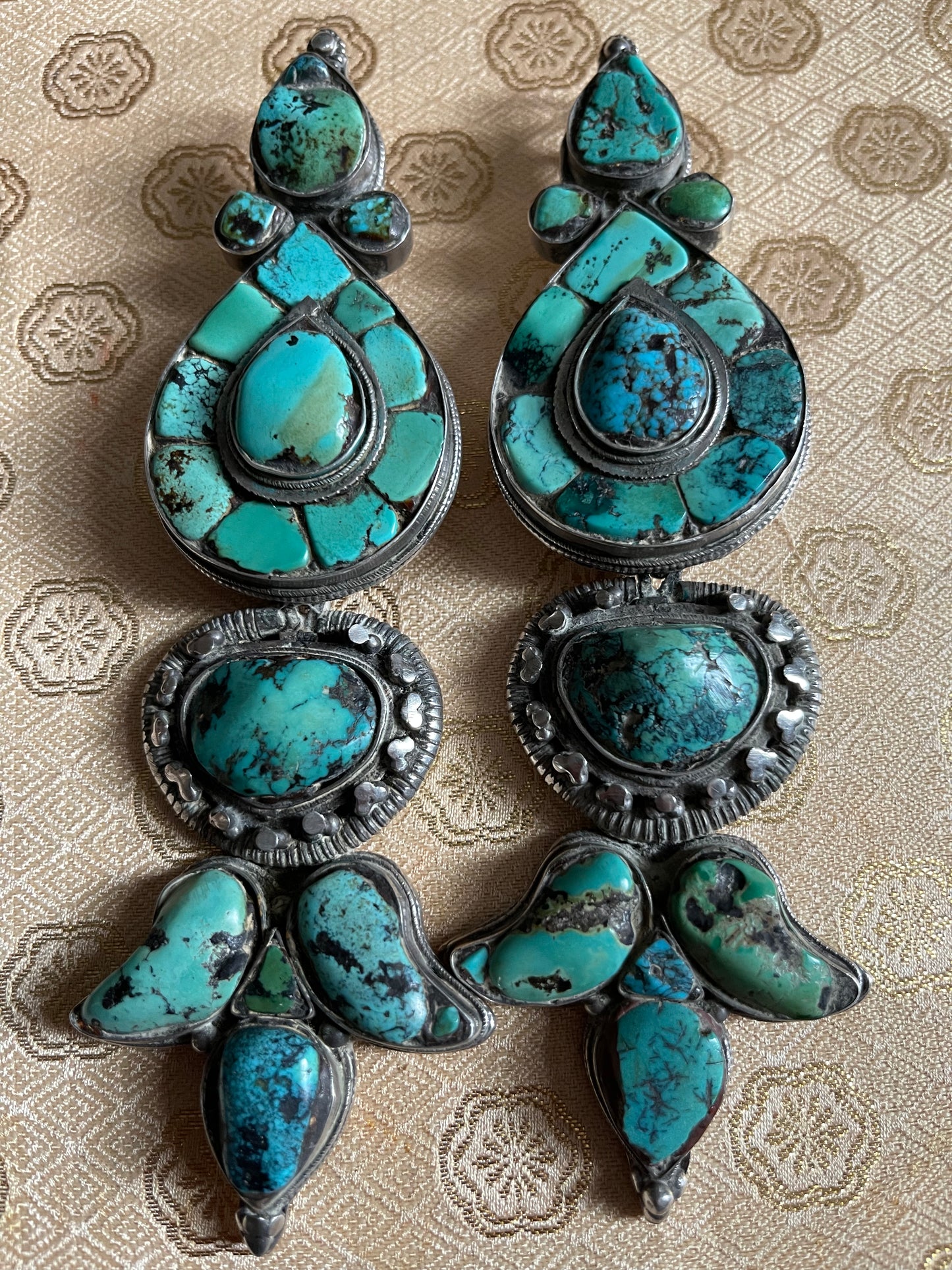 Pair of antique turquoise and silver Tibetan ear pendant / earring