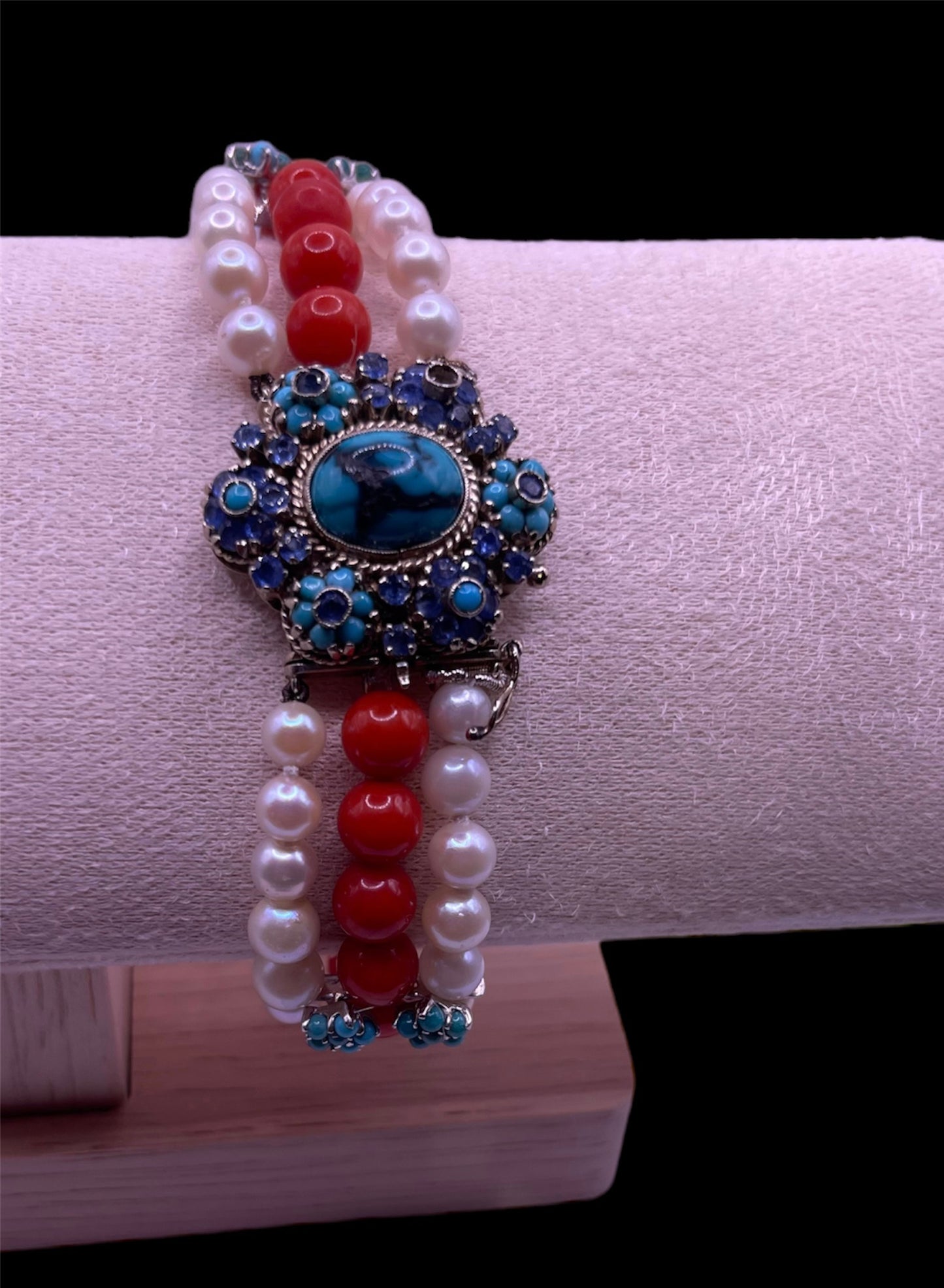 18kt gold, turquoise and sapphire, coral and pearl bracelet