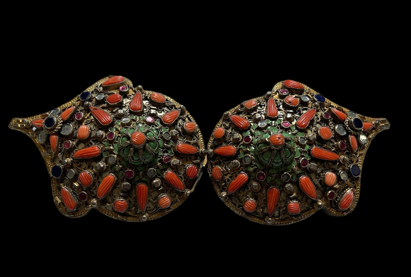 Antique Ottoman silver and gilded silver with coral belt buckle