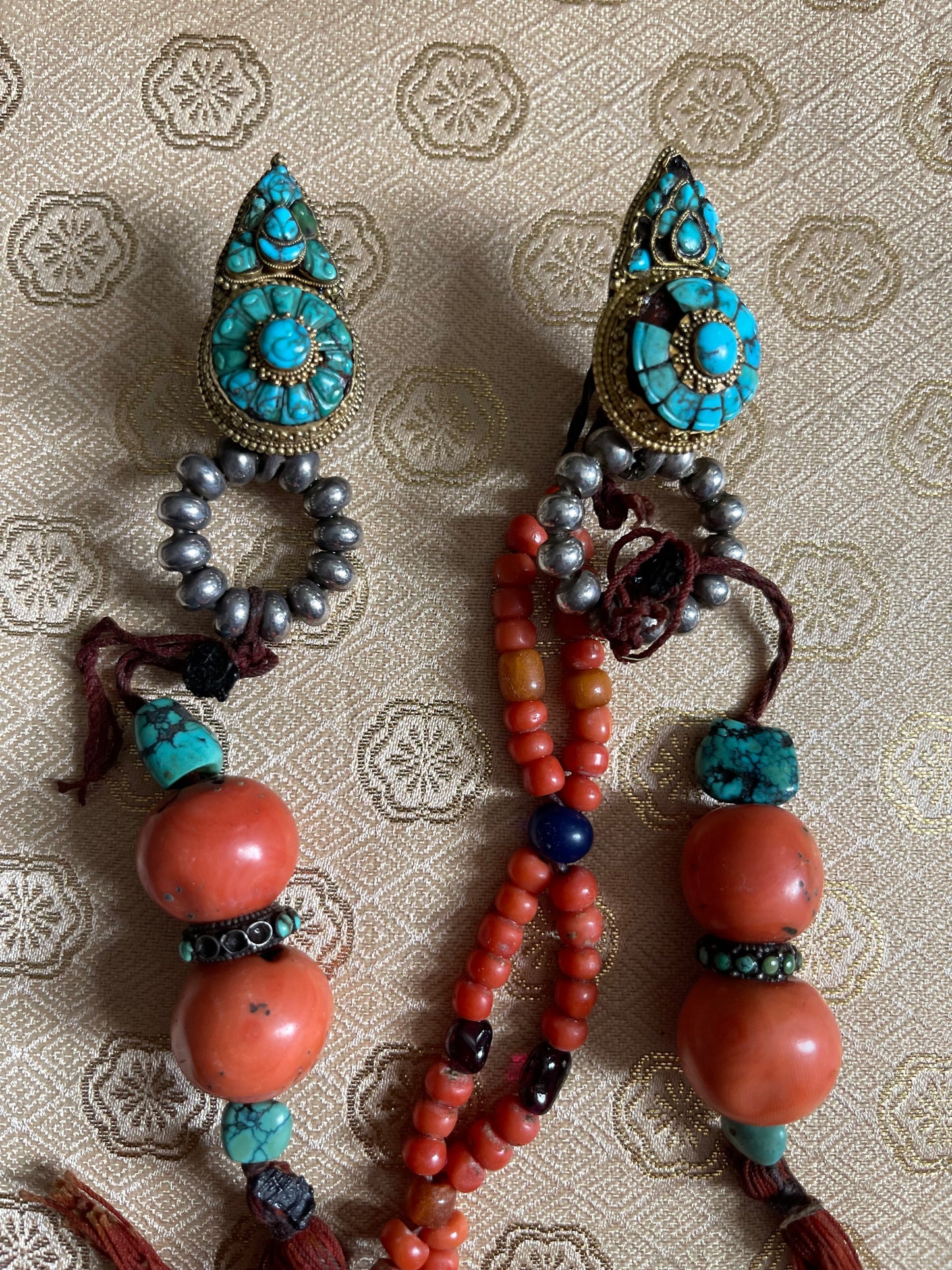 Pair of antique turquoise and silver Tibetan earrings -Ah long