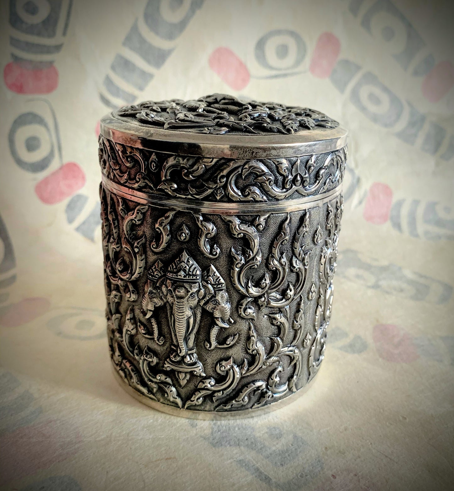An antique cylindrical Thai silver box