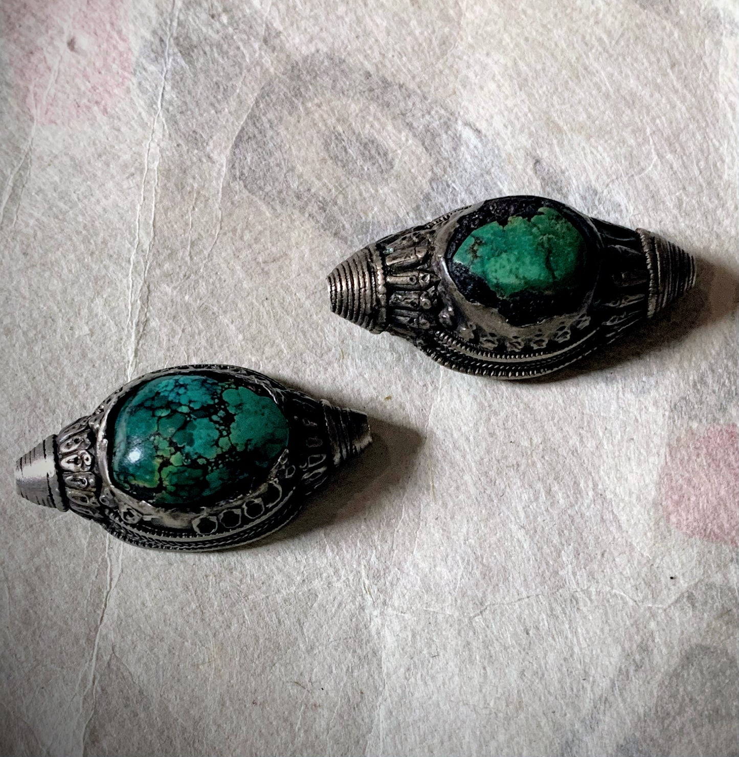 Antique Tibetan turquoise and silver hair beads