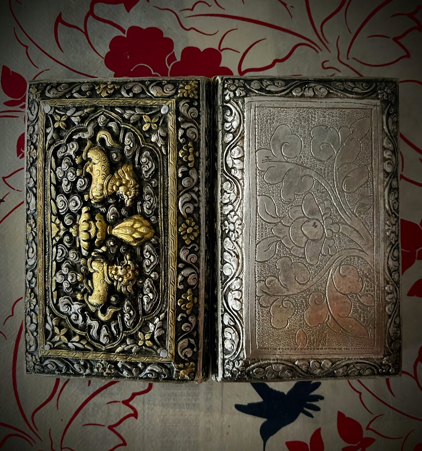 An antique carved Silver and gilded silver Bhutanese betel nut box