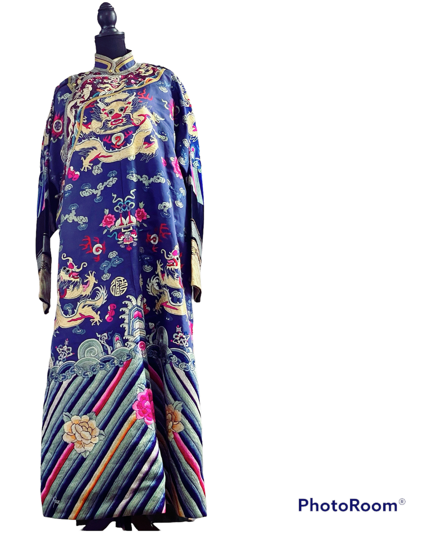 An antique blue silk embroidered dragon robe