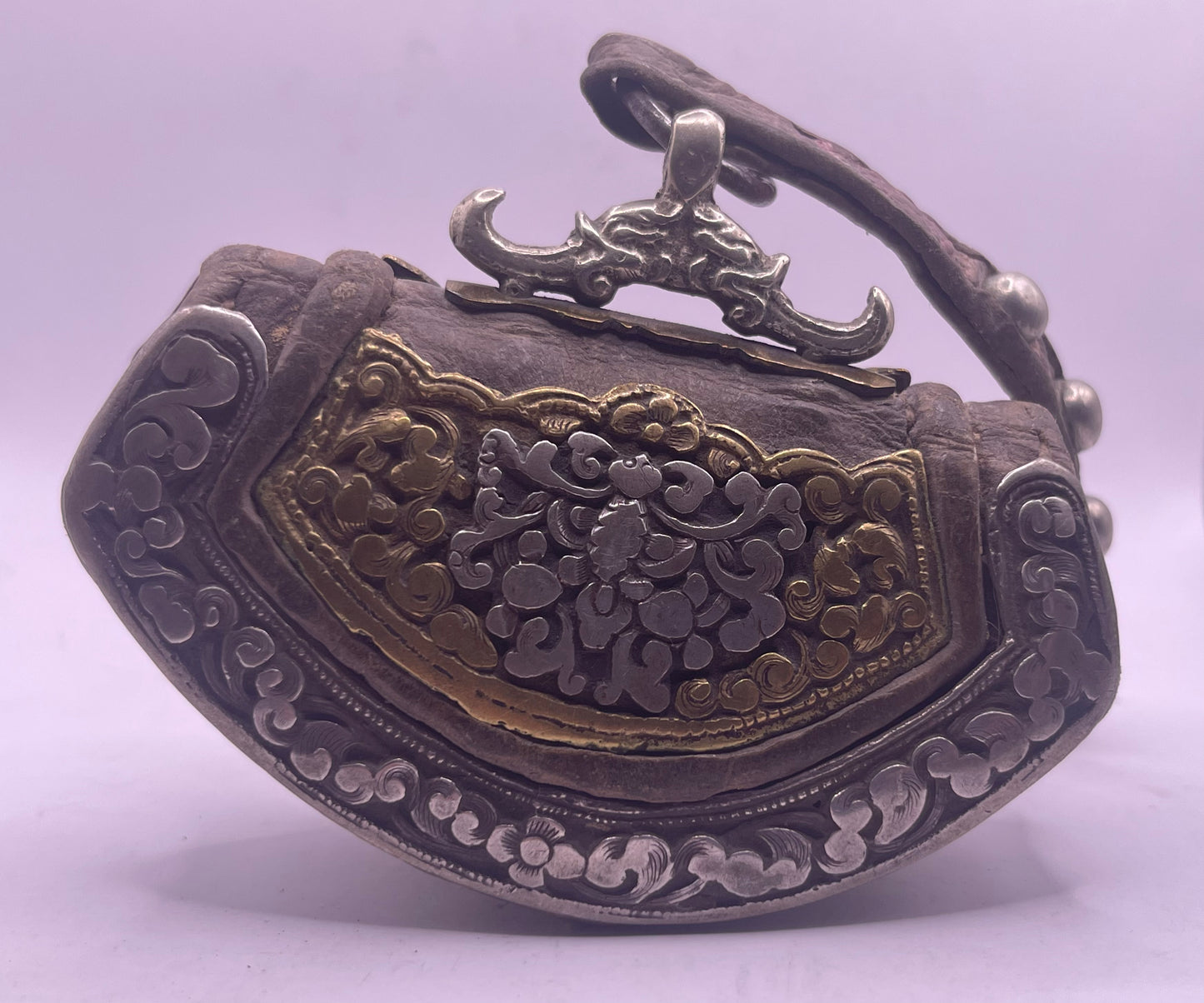 An antique Tibetan mechak purse with turquoise