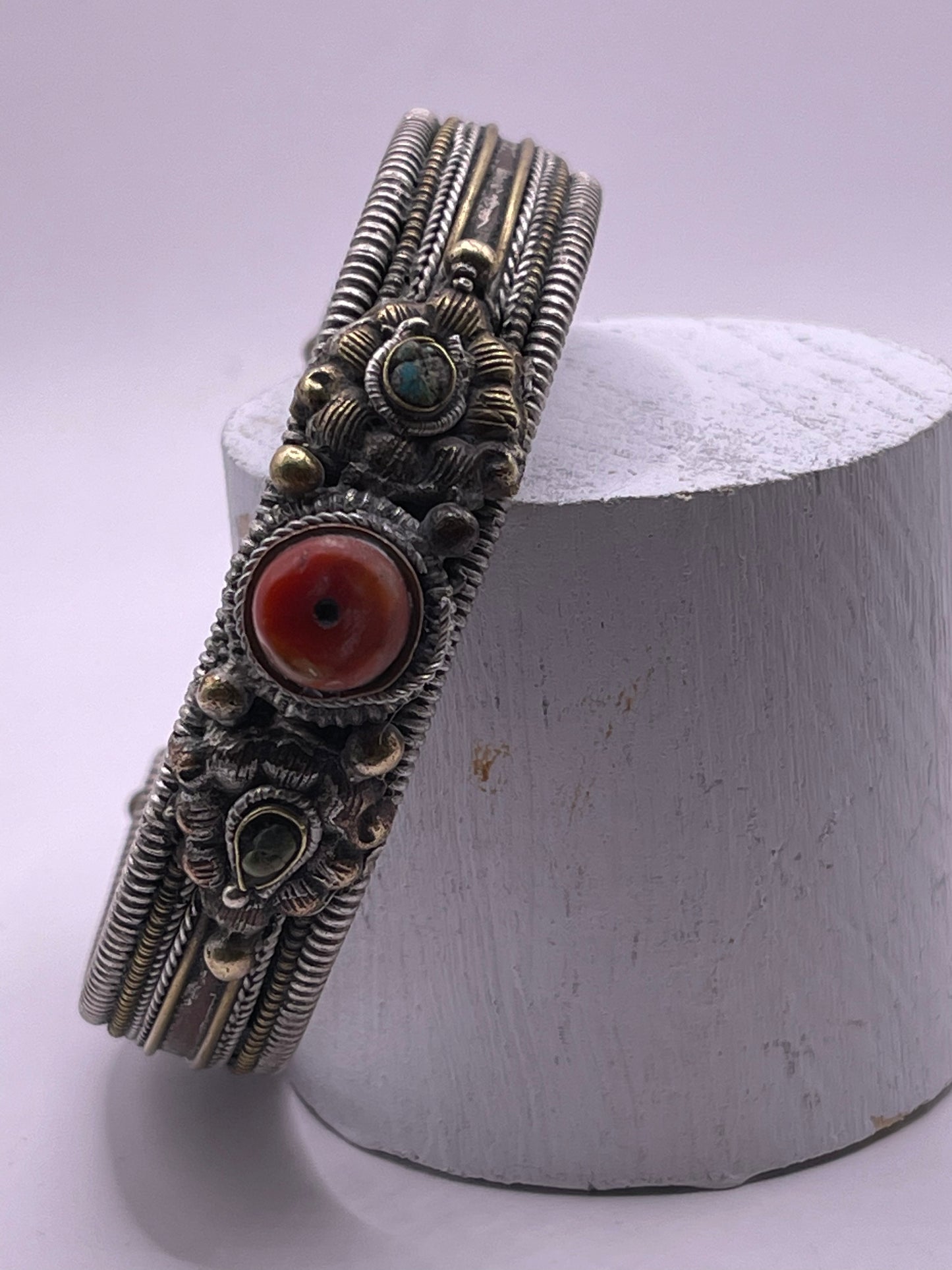 Antique Tibetan silver and coral bangle