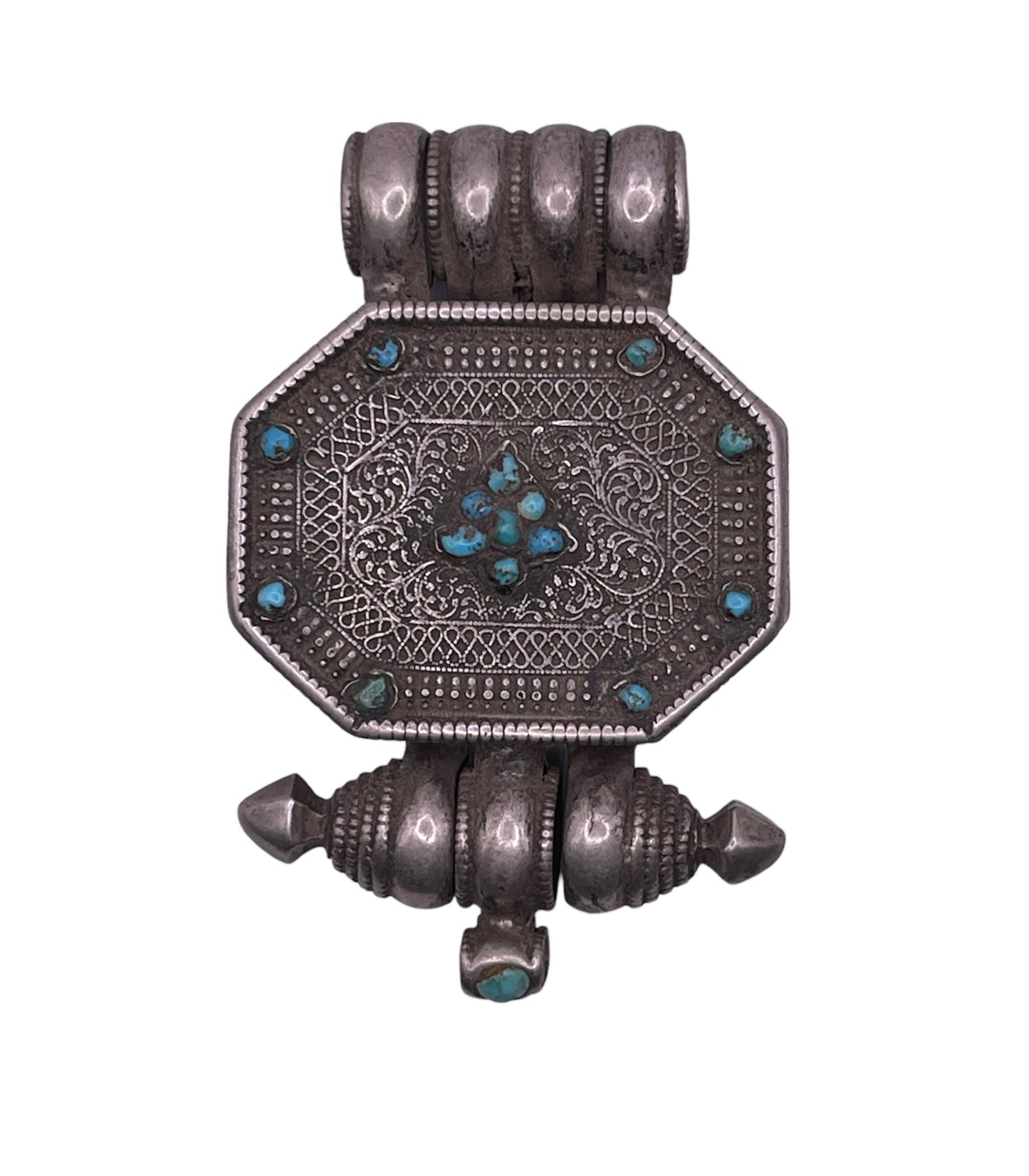 An antique 19th C., few Tibetan silver ghau with silver filigree and turquoise.