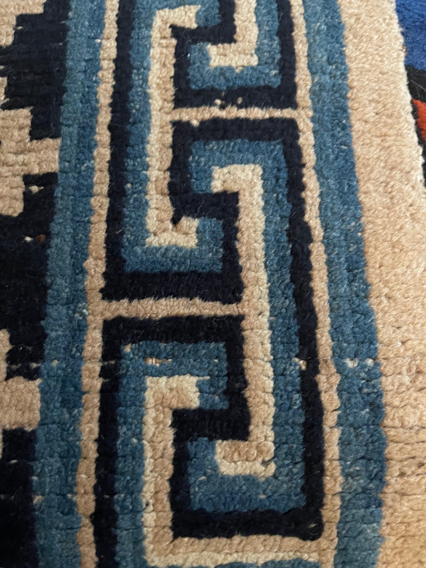 Antique Tibetan wool geometrical vegetable dyed rug