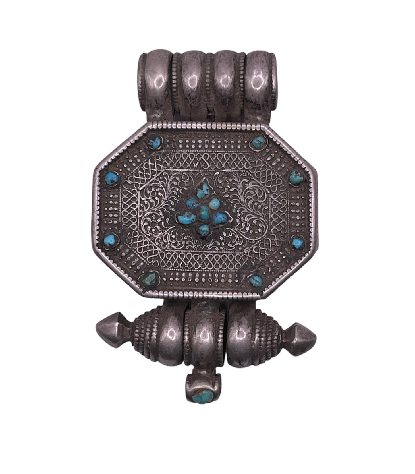 An antique 19th C., few Tibetan silver ghau with silver filigree and turquoise.