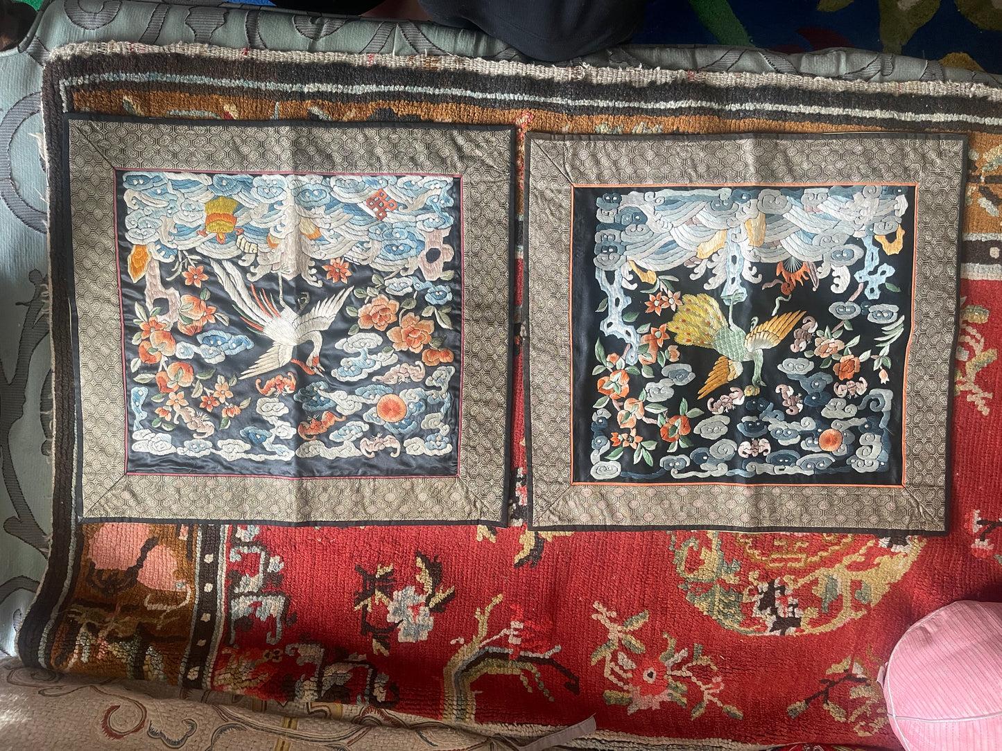 A pair of unframed embroidered square rank badge