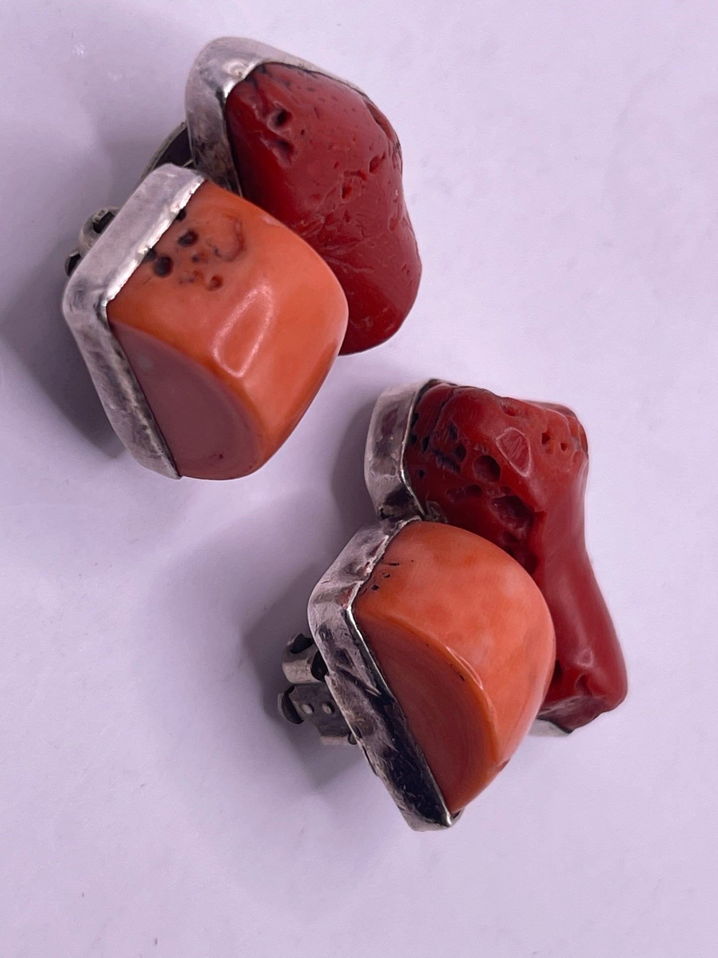Coral and silver ear clips vintage