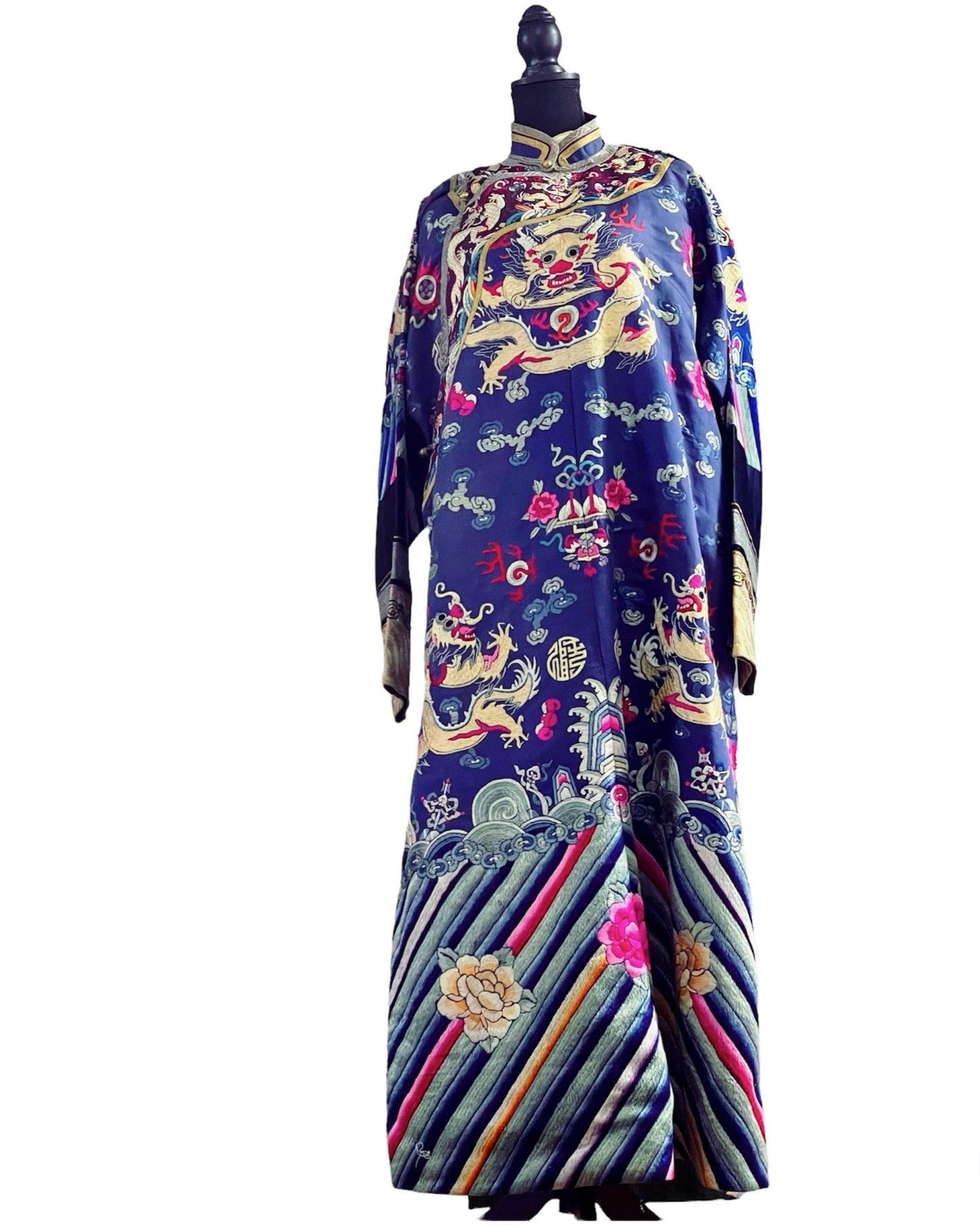 An antique blue silk embroidered dragon robe