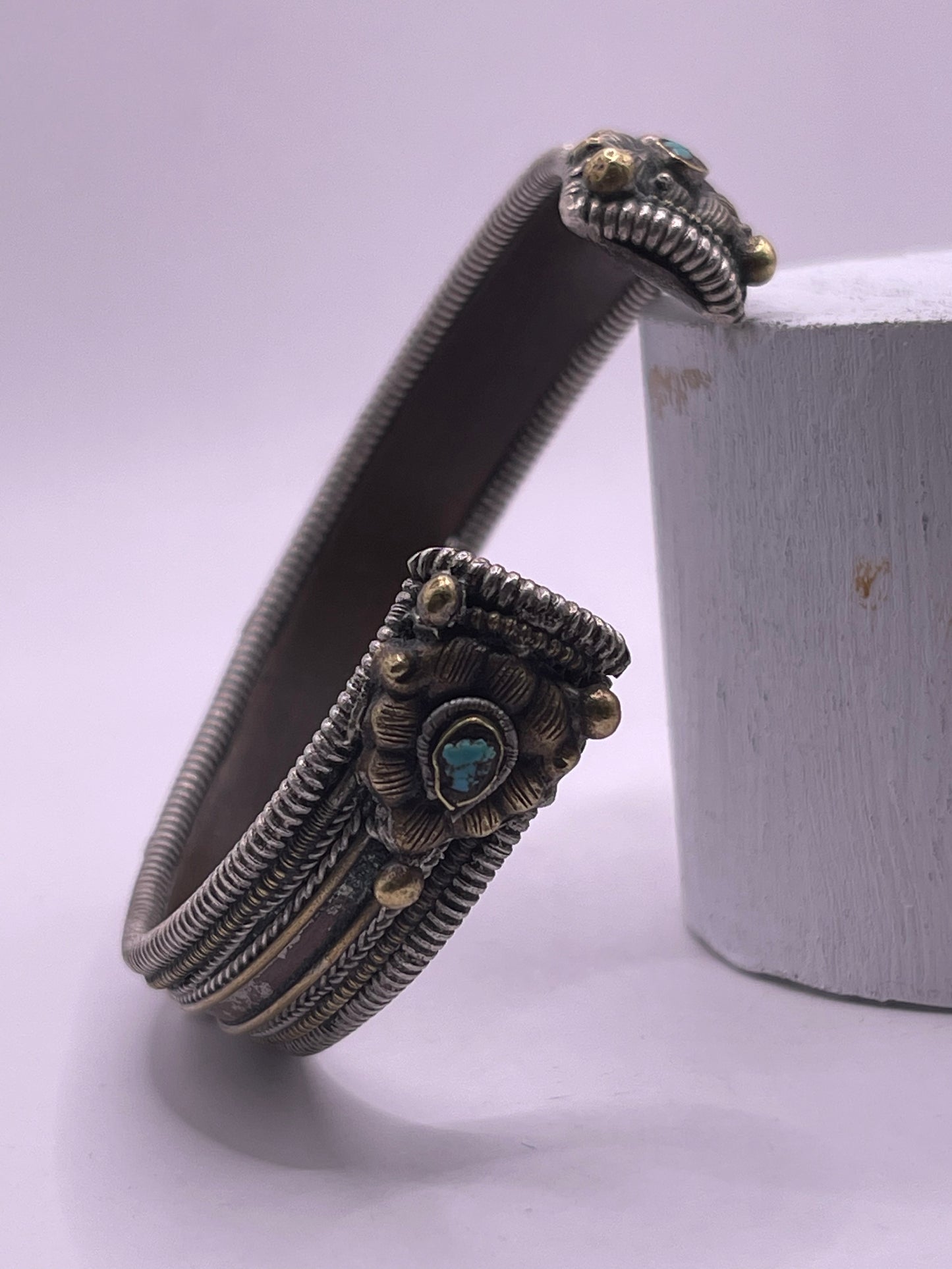 Antique Tibetan silver and coral bangle