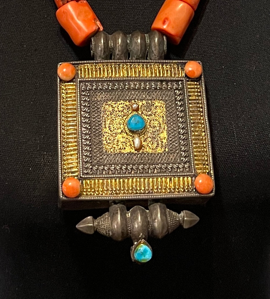 Antique Tibetan silver ghau with beaded necklace