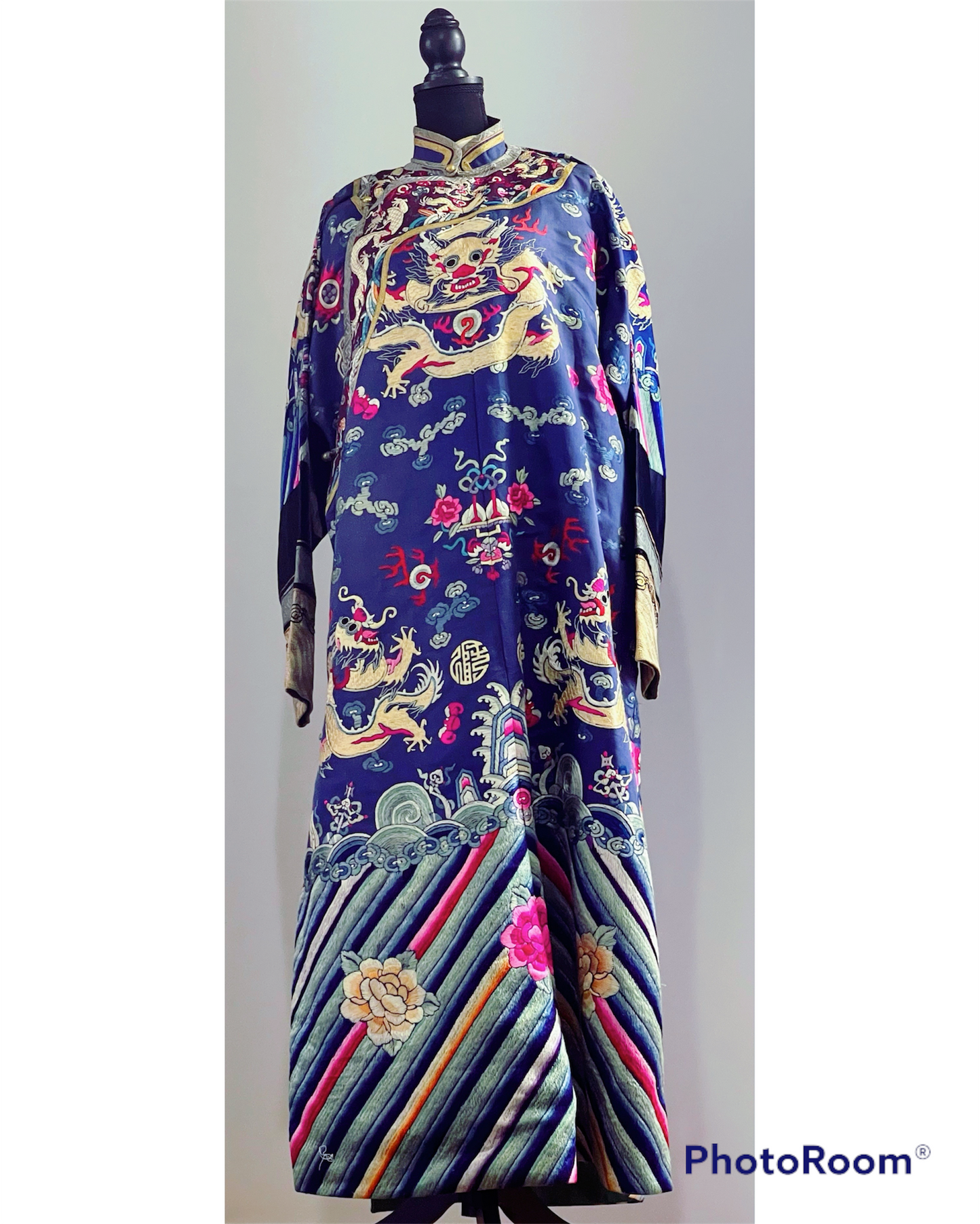 An antique blue silk embroidered dragon robe