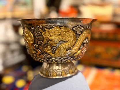 Antique silver and gilded silver carved dragon bowl