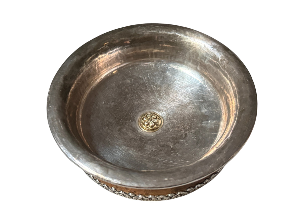 Antique Tibetan Burlwood Silver Mounted Offering Bowl Himalayan Pedestal Bowl